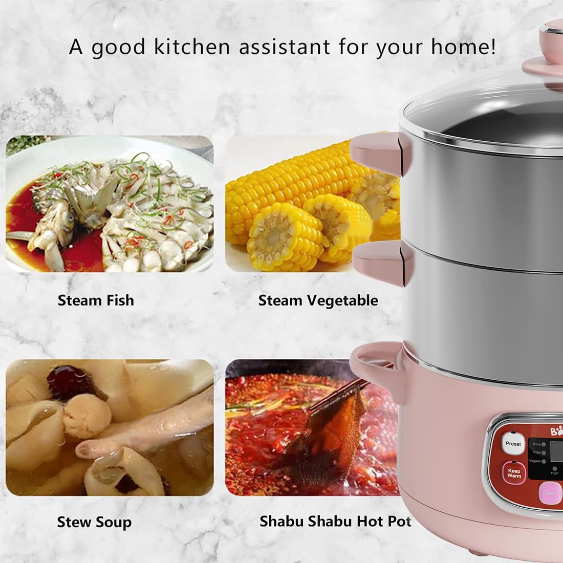 Bear Electric Multifunctional Food Steamer, One Touch Digital Steamer with Timer, Vegetable Steamer 2 Tiered Stackable Stainless Steel Baskets, Auto Shut-off & Anti-dry Protection, 1200W, 8.5Quart