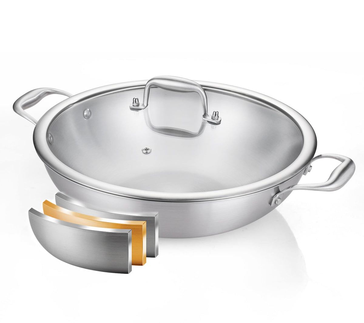 DELARLO Tri-Ply Stainless Steel Woks, 12 Inch Healthy Non-Toxic Cooking Wok Pan with Lid, Wide & Deep Cookware Stir-Fry Pans, Dishwasher and Oven Safe Up To 600°F, Works on Induction，Detachable Handle