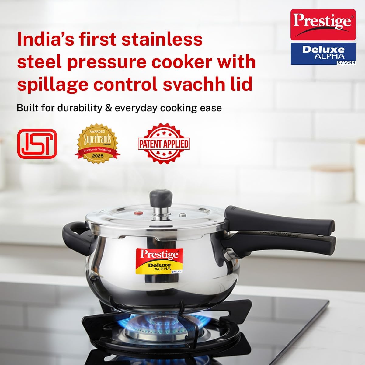 Prestige Deluxe Alpha Svachh Stainless Steel Pressure Cooker with Alpha Base and Deep Lid for Spillage Control, (4.0 L Junior Handi)