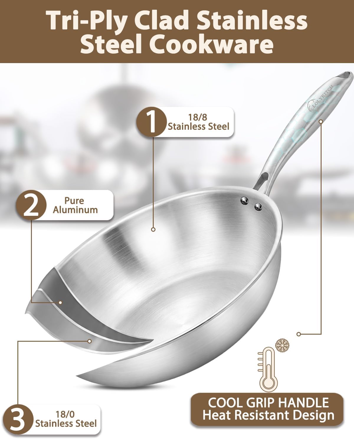 LOLYKITCH 11-Inch Tri-Ply Stainless Steel Wok Pan with Lid | Riveted Handle