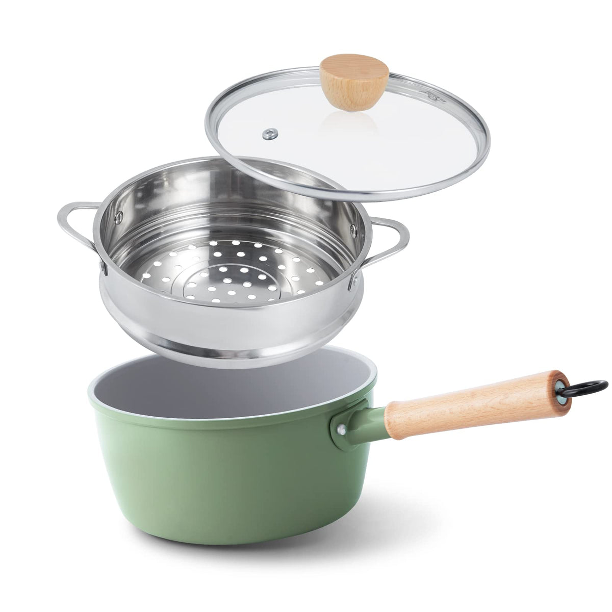 ROCKURWOK Ceramic Nonstick Sauce Pan with Steamer, 2.5QT Cooking Pot, Green