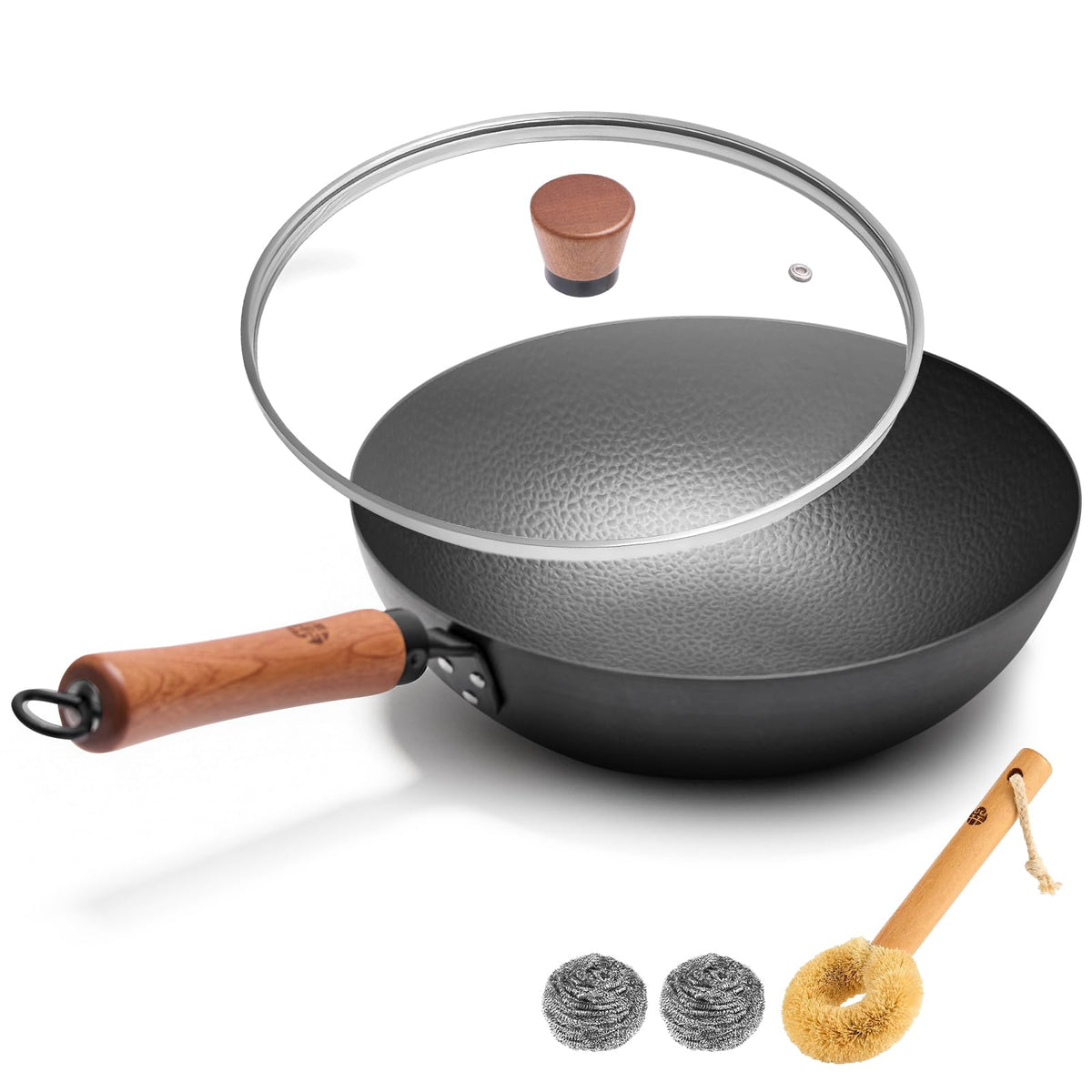 WANGYUANJI 9.5-Inch Carbon Steel Wok with Lid, Flat Bottom Stir Fry Pan