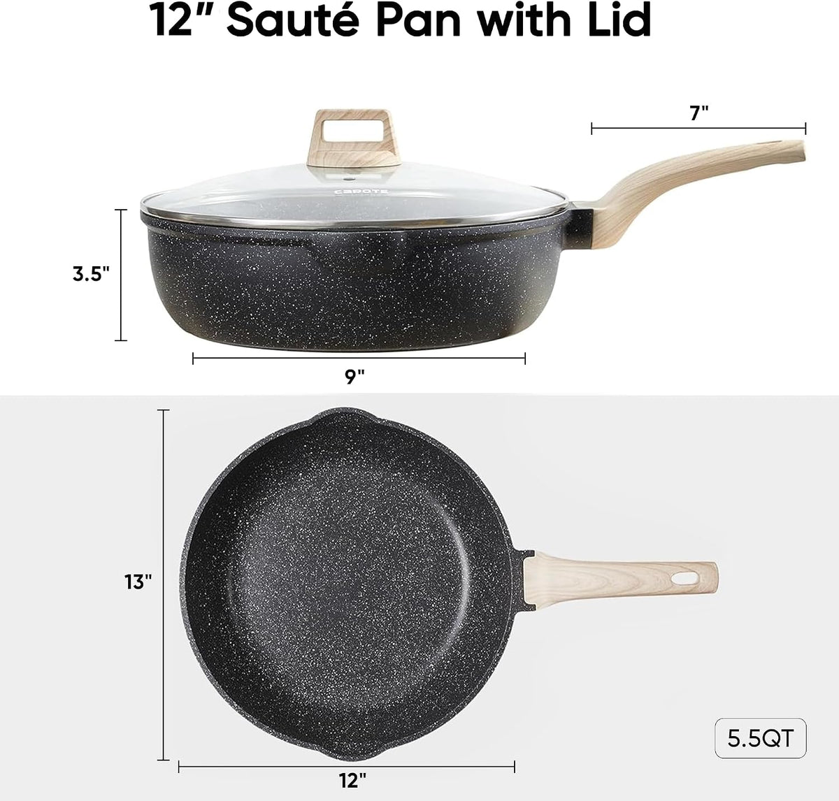 CAROTE 12 Inch Nonstick Deep Frying Pan with Lid, 5.5 Qt Black Granite
