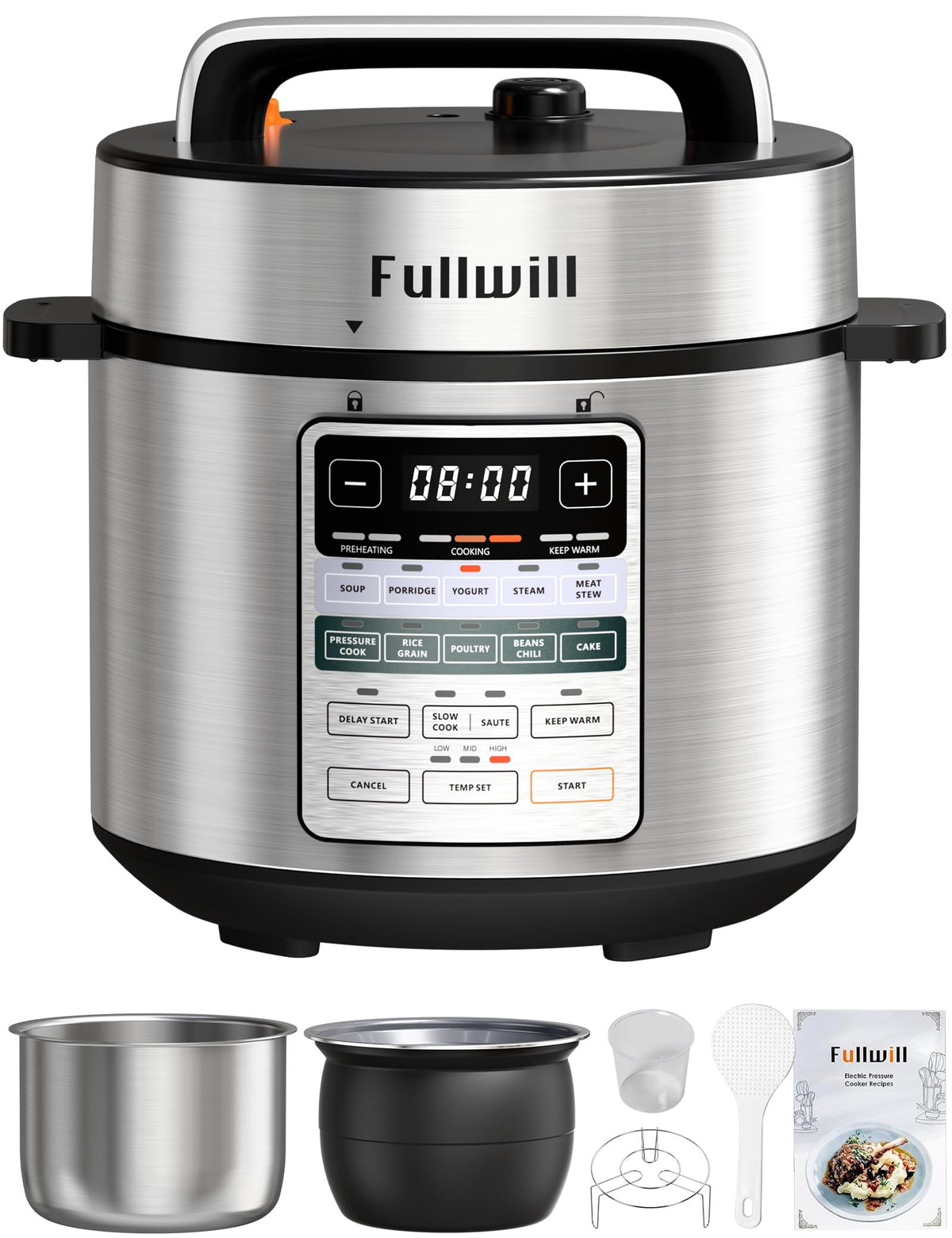 Fullwill Electric Pressure Cooker 6QT Dual Pots, 12 in 1 MultiFunction Cooker with 304 Stainless Steel & Ceramic Pots, Pressure Cook, Soup, Porridge, Yogurt, Meat Stew, Rice, Poultry, Beans and More