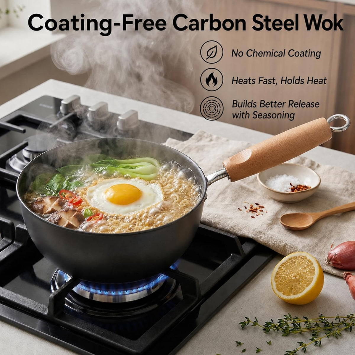 Small Carbon Steel Wok with Lid, 7-Inch 1.5QT Flat Bottom Pan