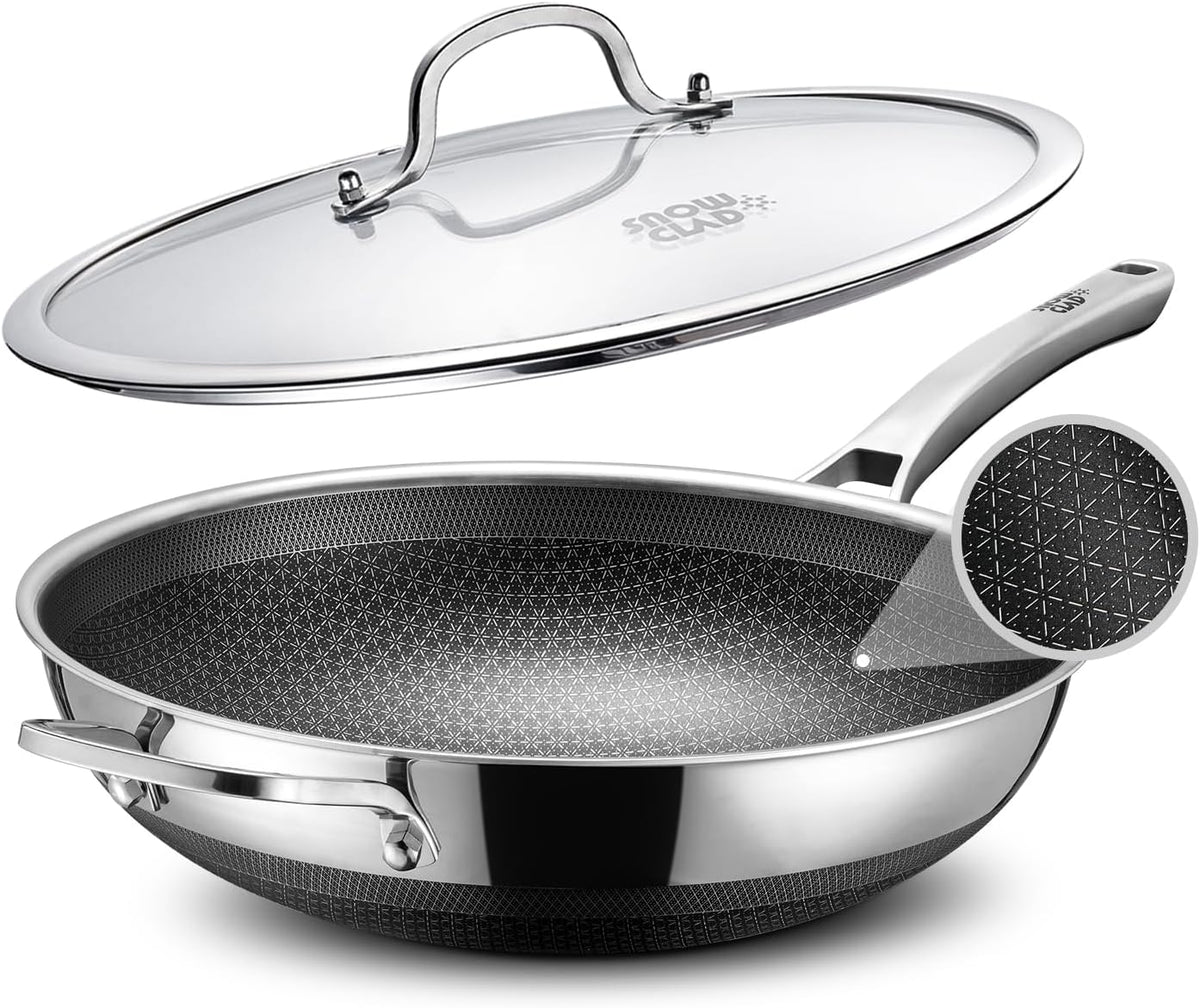 SNOWCLAD Wok, 13 Inch Hybrid Woks & Stir-fry Pans Nonstick, Non Toxic Stainless Steel Wok Pan with Lid, Dishwasher Induction Oven Broiler Safe, PFOA Free Cookware Non Stick