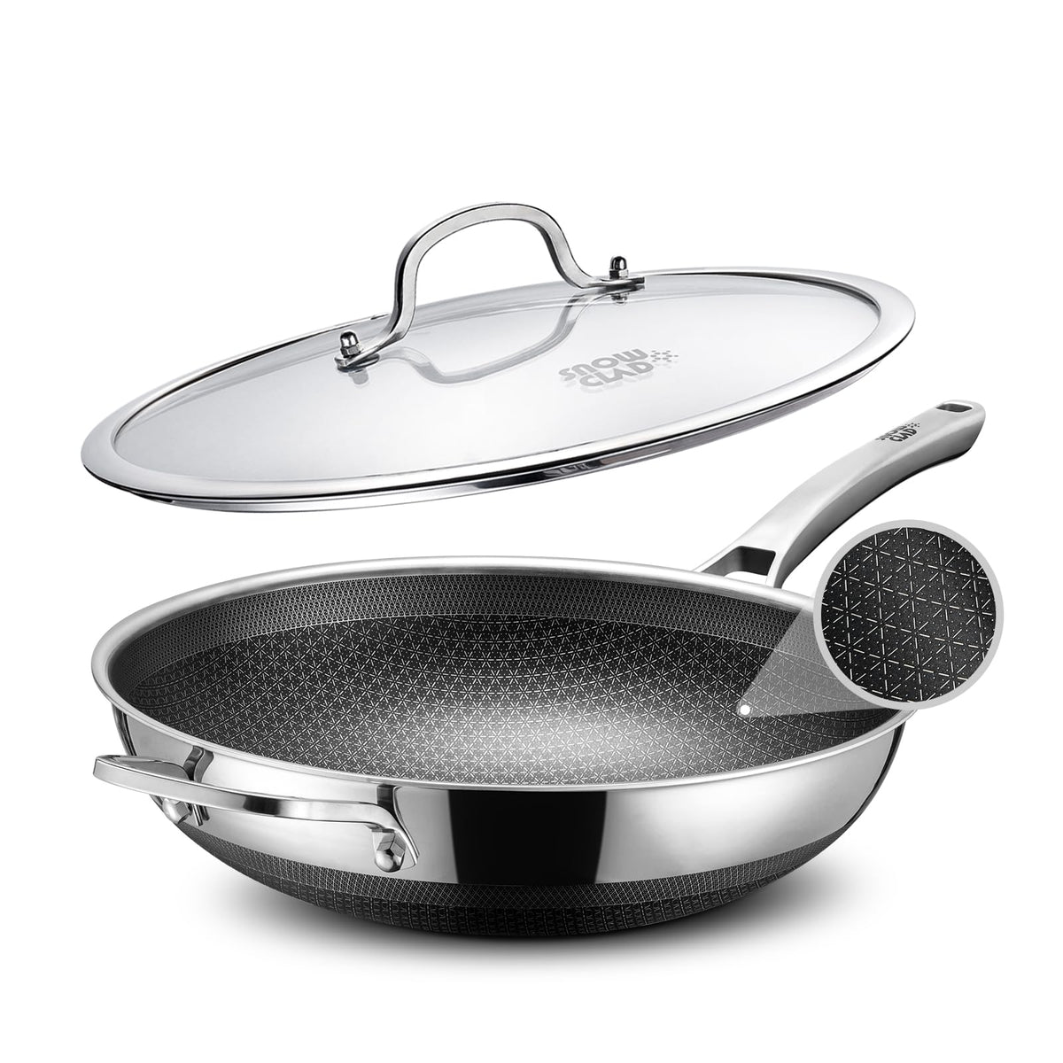 SNOWCLAD Wok, 13 Inch Hybrid Woks & Stir-fry Pans Nonstick, Non Toxic Stainless Steel Wok Pan with Lid, Dishwasher Induction Oven Broiler Safe, PFOA Free Cookware Non Stick