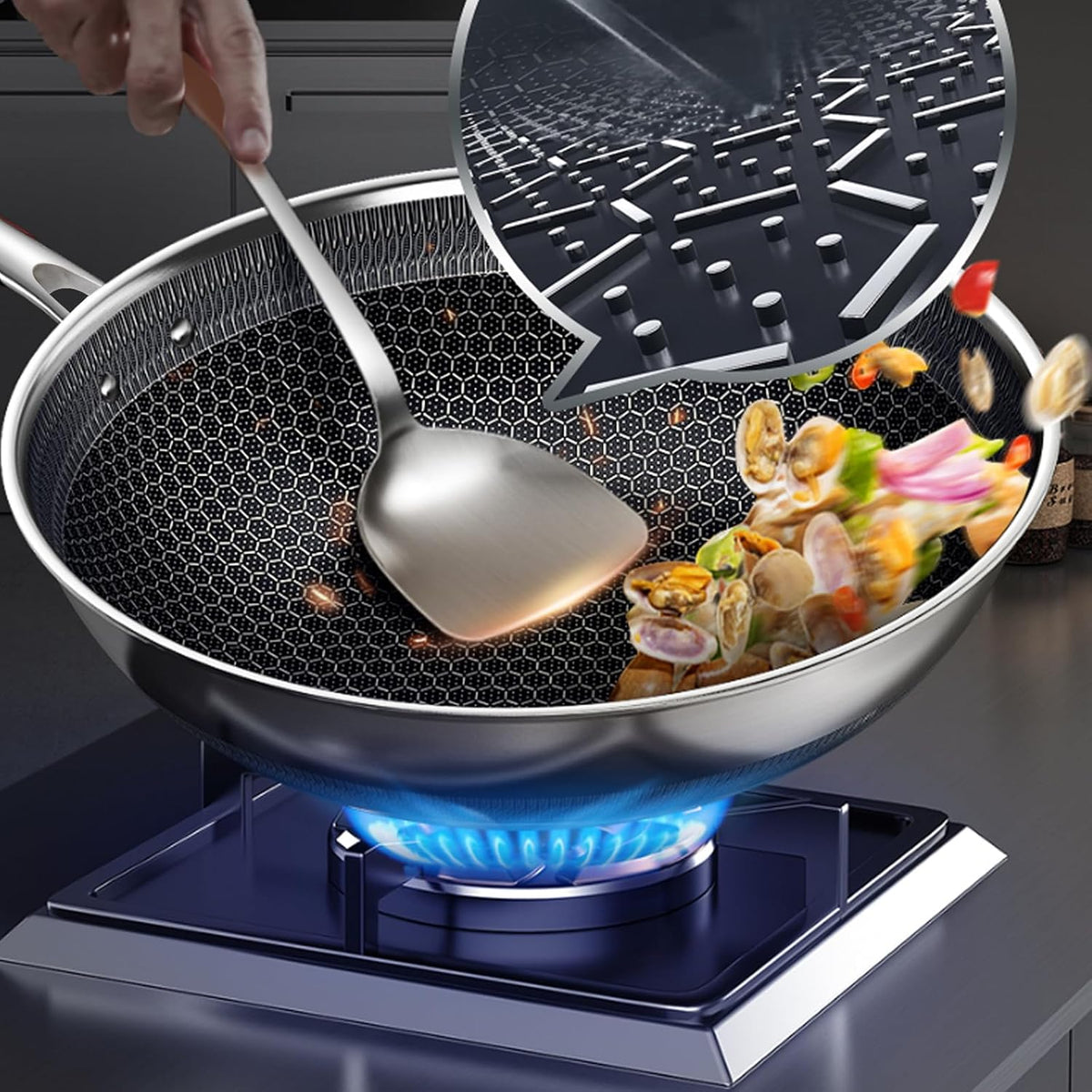 14" Honeycomb Non Stick Wok Pan Stainless Steel Stir-fry Wok with Lid,Skillet with Stay-cool Handle PFOA Free Suitable for Induction, Ceramic, Electric, and Gas Cooktops (Sliver, 14 Inches)