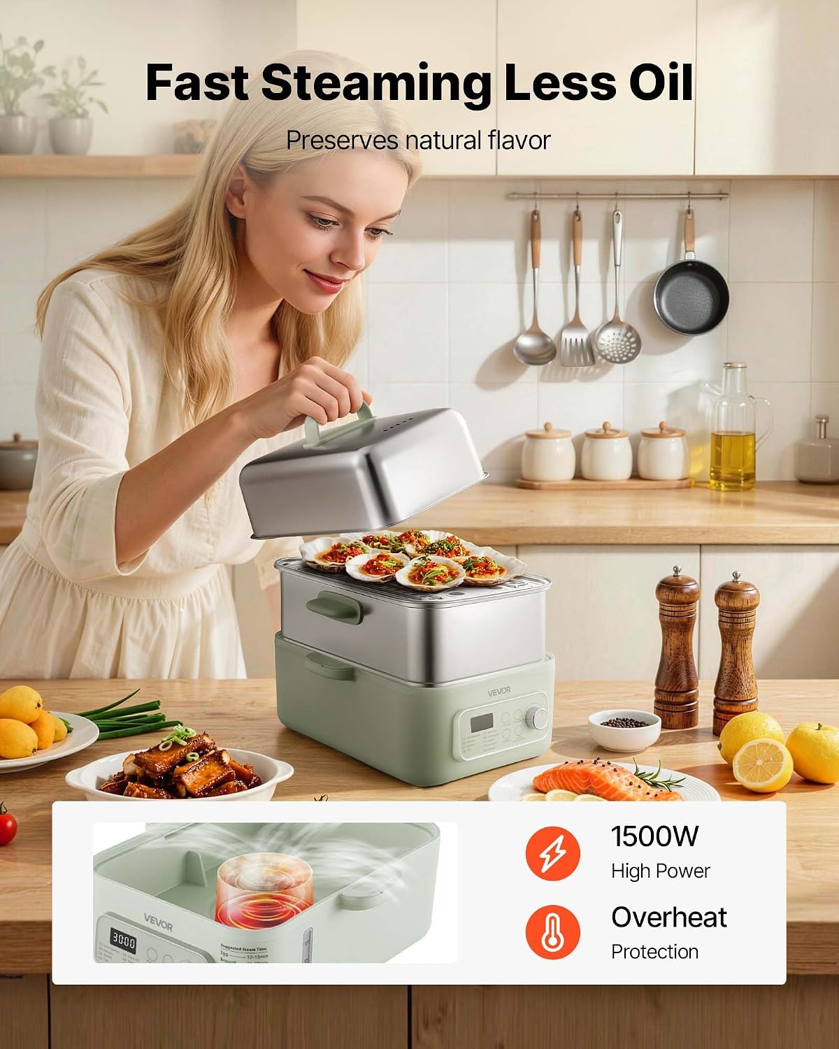 VEVOR Electric Food Steamer 13.7 QT 2-Tier Stainless Steel for 3-6 Servings, 1500W Vegetable & Meal Steamer for Cooking with 9 Pre-Programmed Settings, Keep Warm, for Veggies, Seafood & Rice, Green