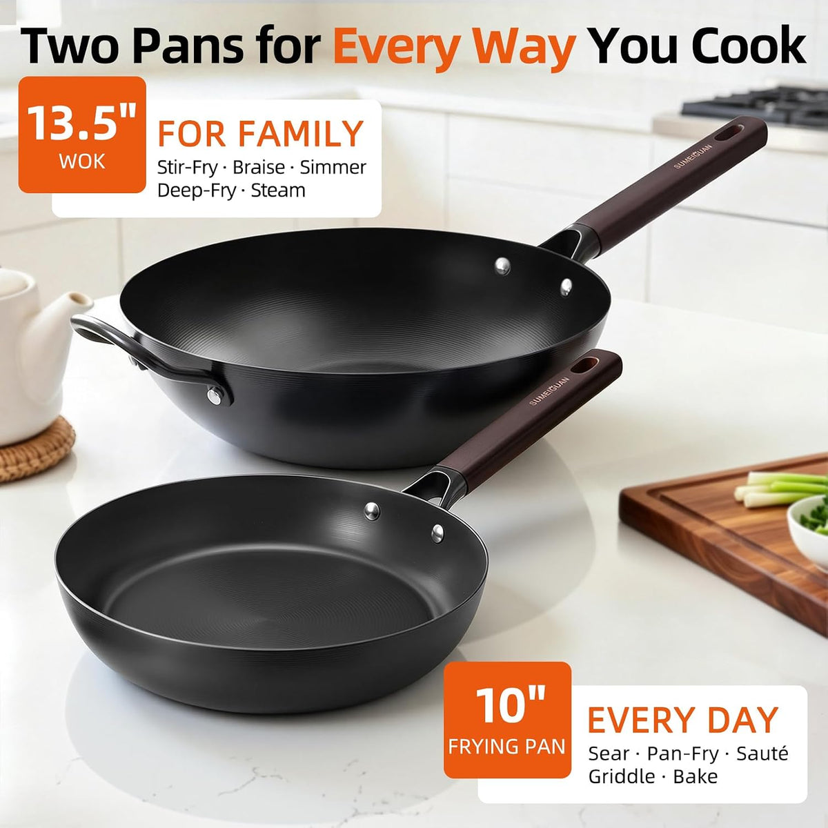 2-Pack Carbon Steel Wok Pan & Frying Pan Set, Induction Ready