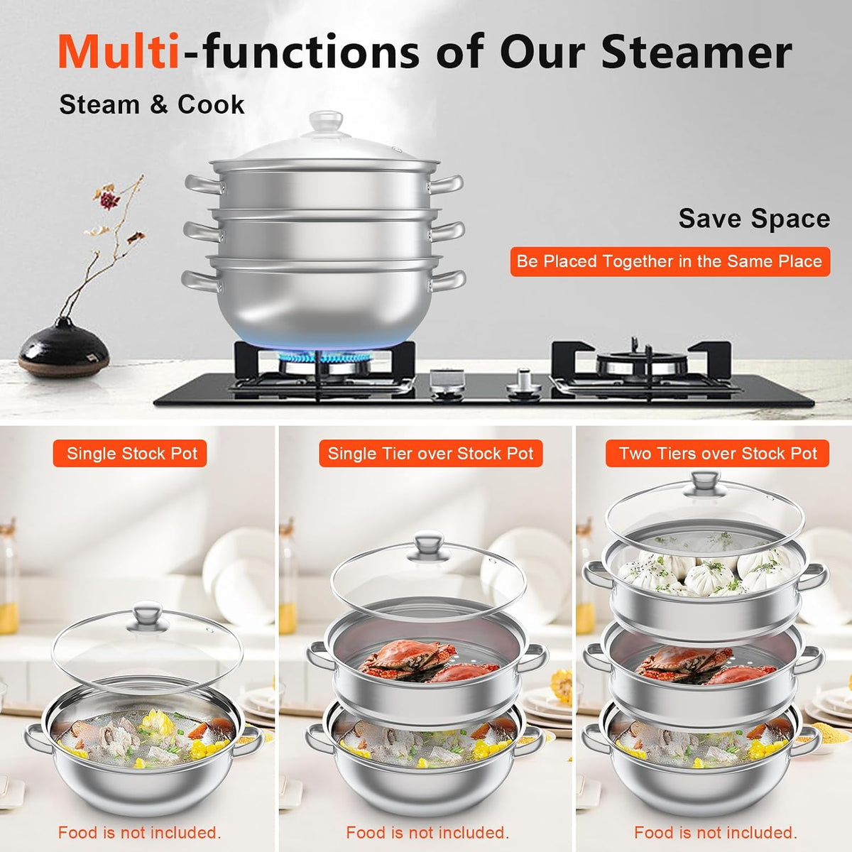 3-Tier Stainless Steel Steamer for Cooking, 28cm Multipurpose Food Steaming Cookware with Lid, Dishwasher for Seafood Vegetables Rice Compatible with Gas Electric Induction & Halogen Stoves