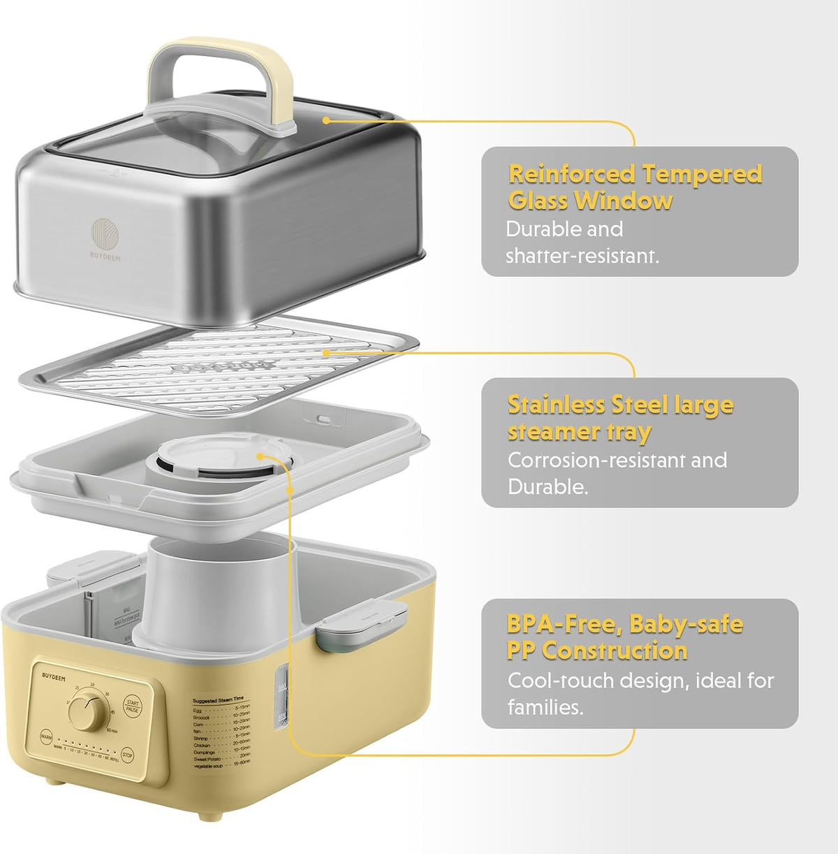 BUYDEEM G52 5.3Qt Electric Food Steamer for Cooking, Mellow Yellow