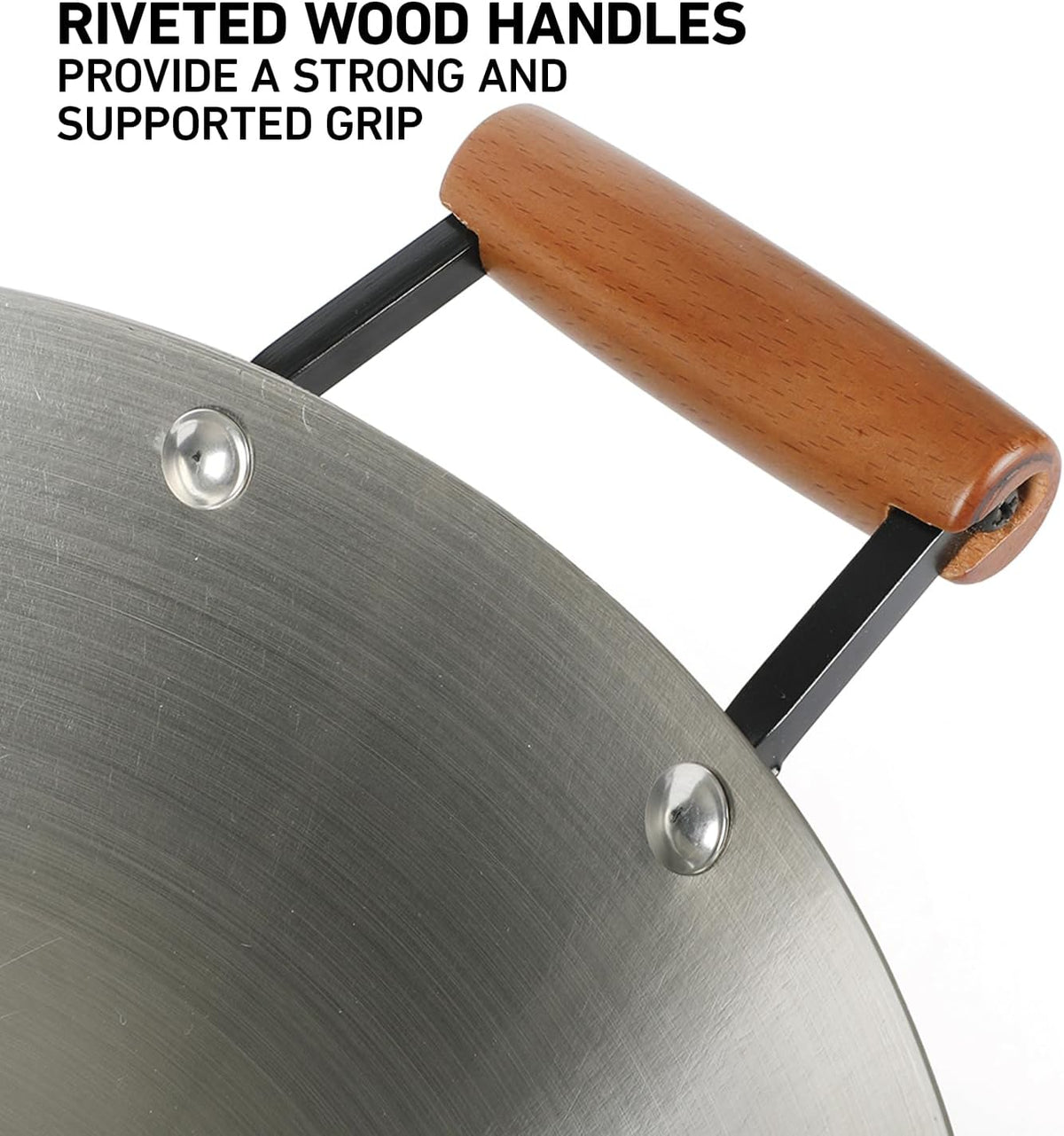 Oster Sangerfield 14-Inch Stainless Steel Wok With Wood Handles, Durable Non-Stick Stir Fry Pan for Gas and Electric Stovetops
