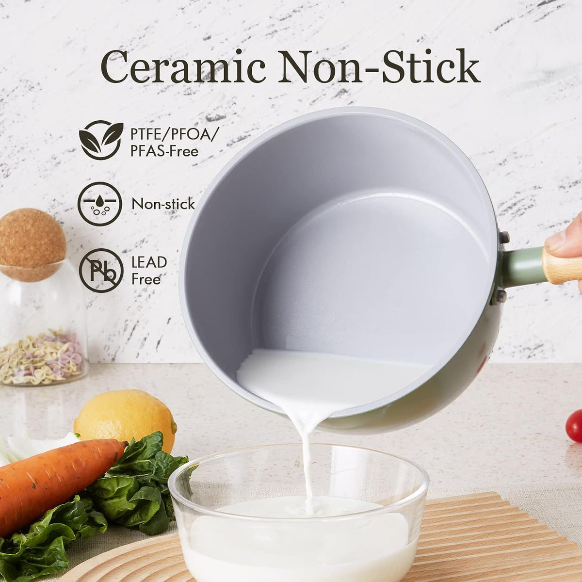 ROCKURWOK Ceramic Nonstick Sauce Pan with Steamer, 2.5QT Cooking Pot, Green
