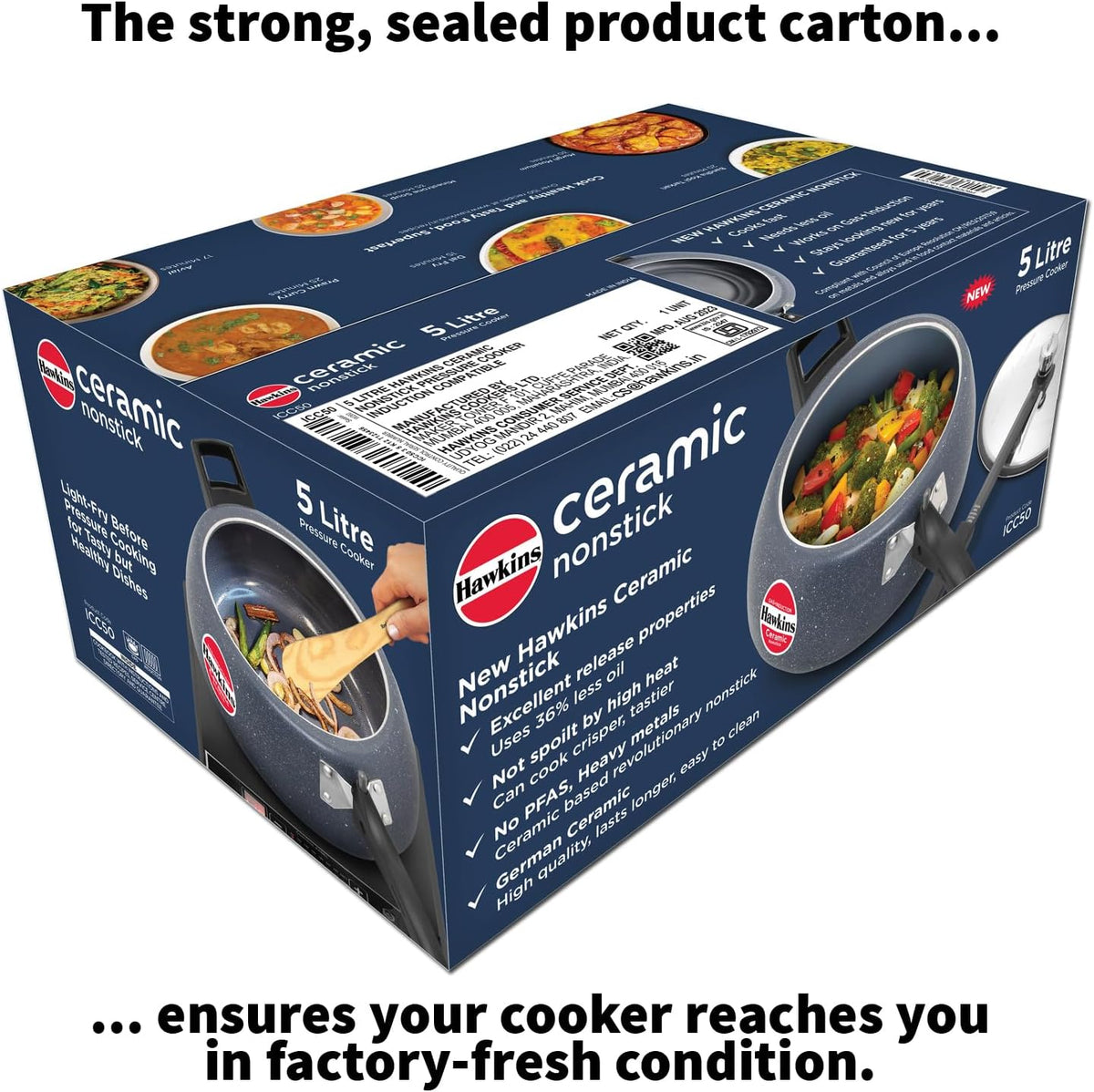 Hawkins 5 Litre Ceramic Nonstick Pressure Cooker, Induction Inner Lid, Granite Contura Shaped, Blue