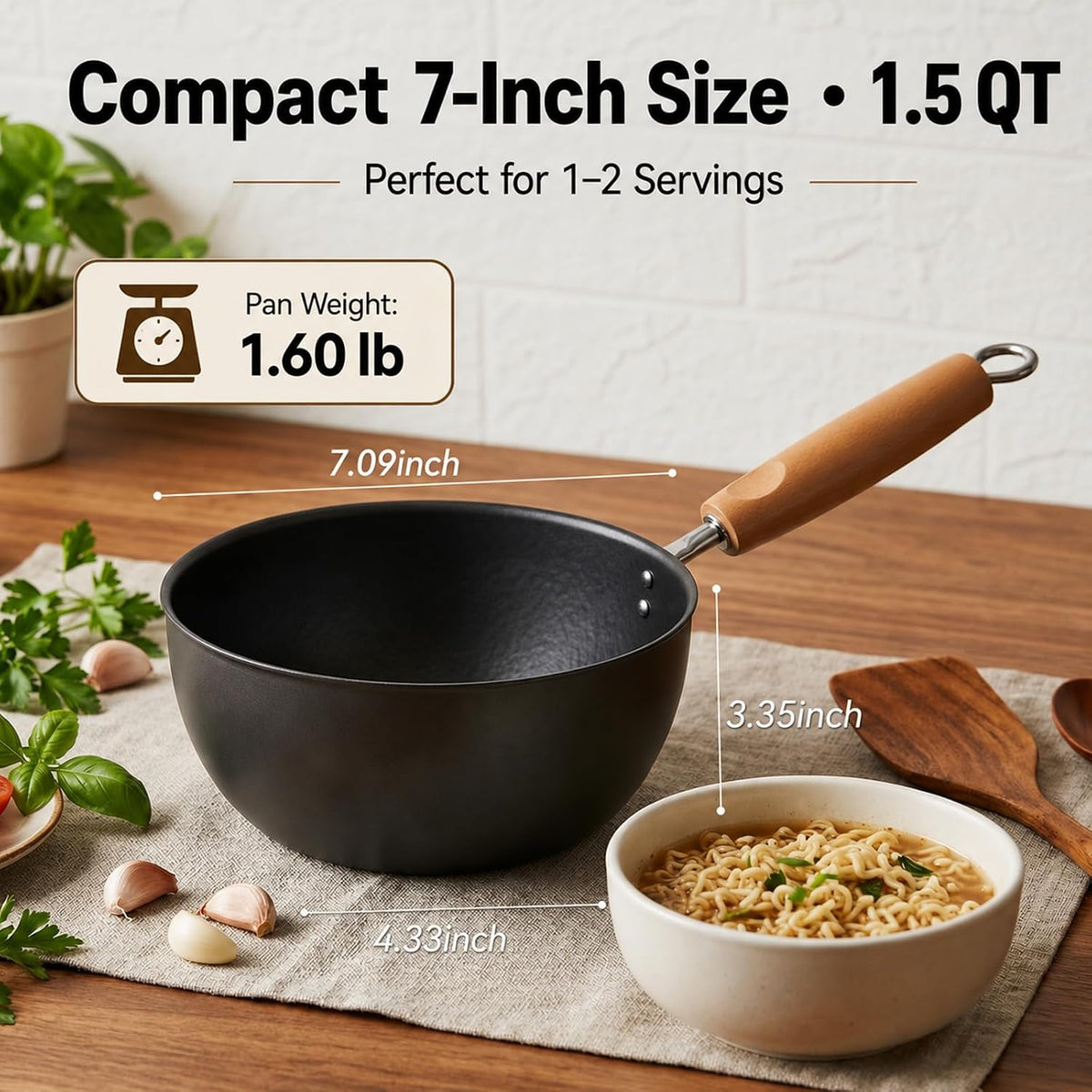Small Carbon Steel Wok with Lid, 7-Inch 1.5QT Flat Bottom Pan