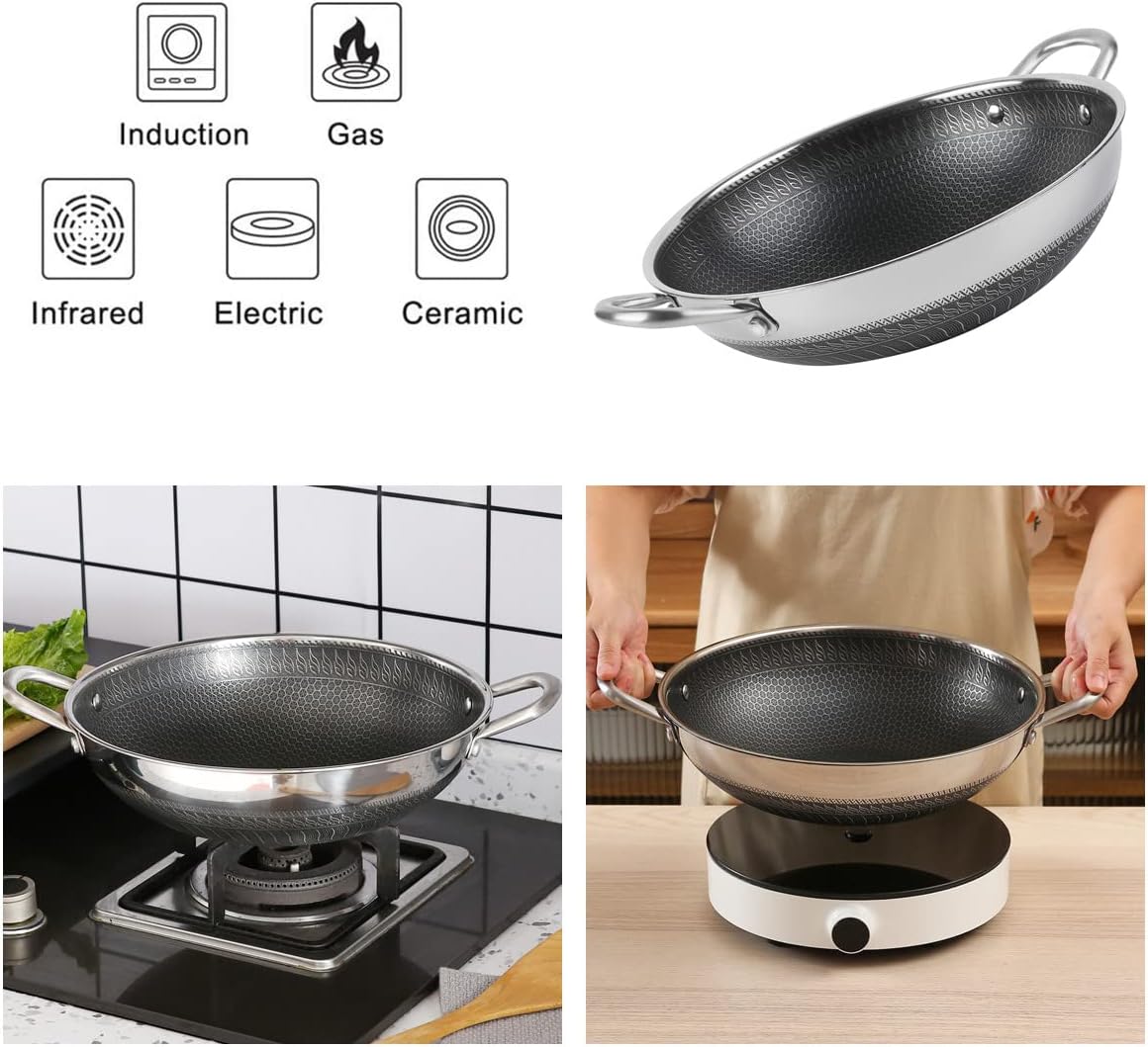 Hikaru 12.5” Wok Pan with Dual Honeycomb Wok Stainless Steel Wok Pan with Nonstick Coating, Frying Pans Cookware, Two Handles,Works with Induction ,Gas, Electric, Ceramic Furnace Stove, Without Lid