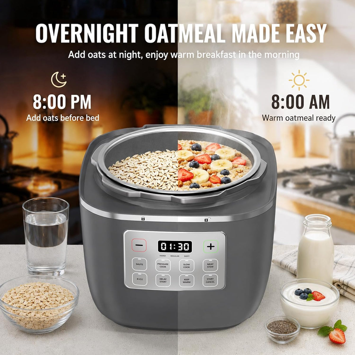 CARORI 3 Qt Electric Pressure Cooker, 8-in-1 Compact Multi-Cooker with Ceramic Nonstick Pot, 700W, Sauté, Slow Cook, Rice, Stew, Delay Start, Keep Warm, Gray