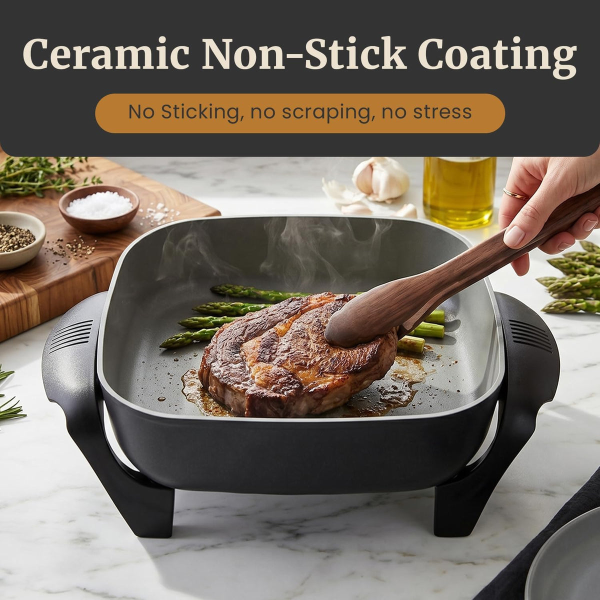 Elite Gourmet 12" PFAS-Free Ceramic Electric Skillet, 1200W, Extra-Deep
