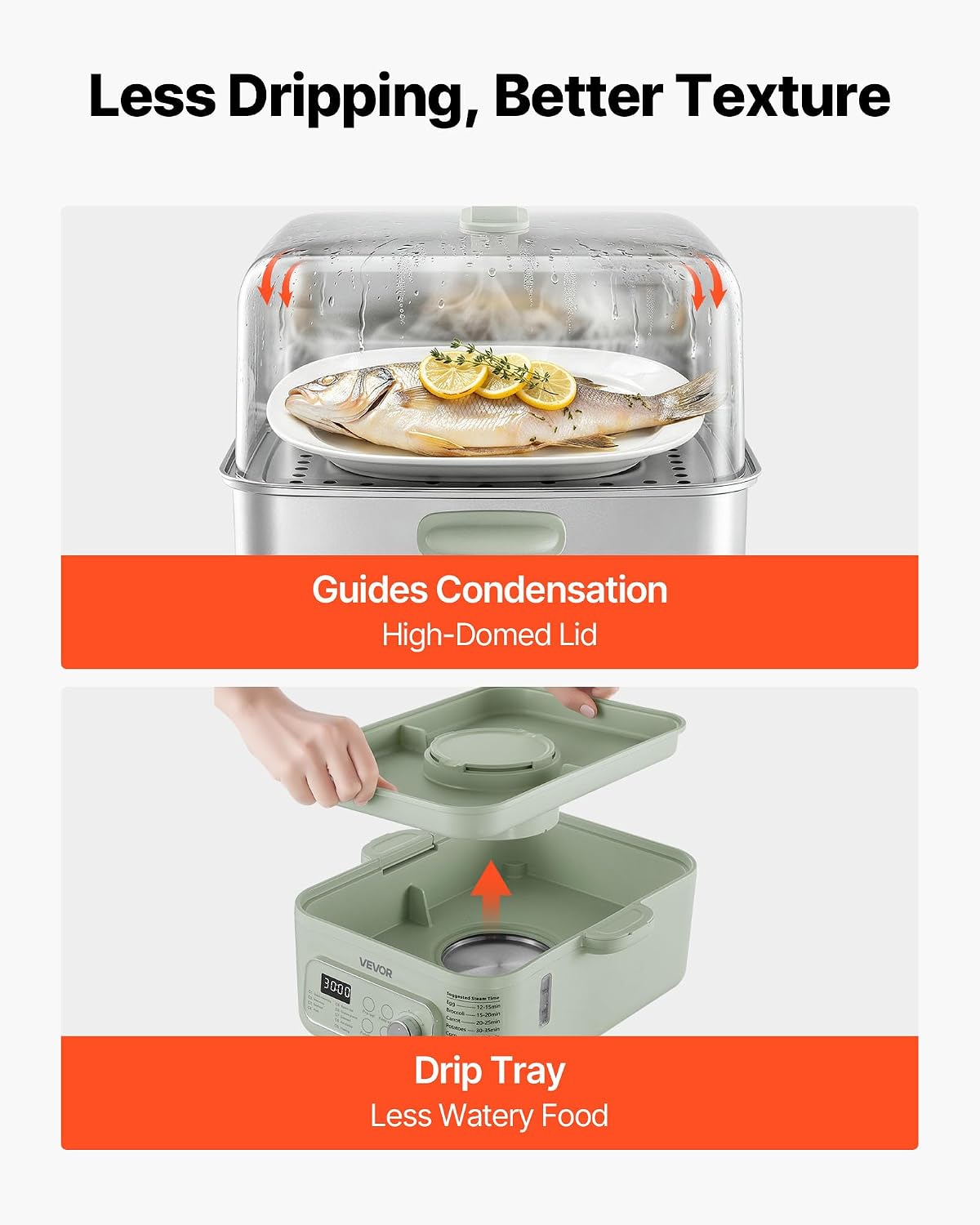 VEVOR Electric Food Steamer 13.7 QT 2-Tier Stainless Steel for 3-6 Servings, 1500W Vegetable & Meal Steamer for Cooking with 9 Pre-Programmed Settings, Keep Warm, for Veggies, Seafood & Rice, Green