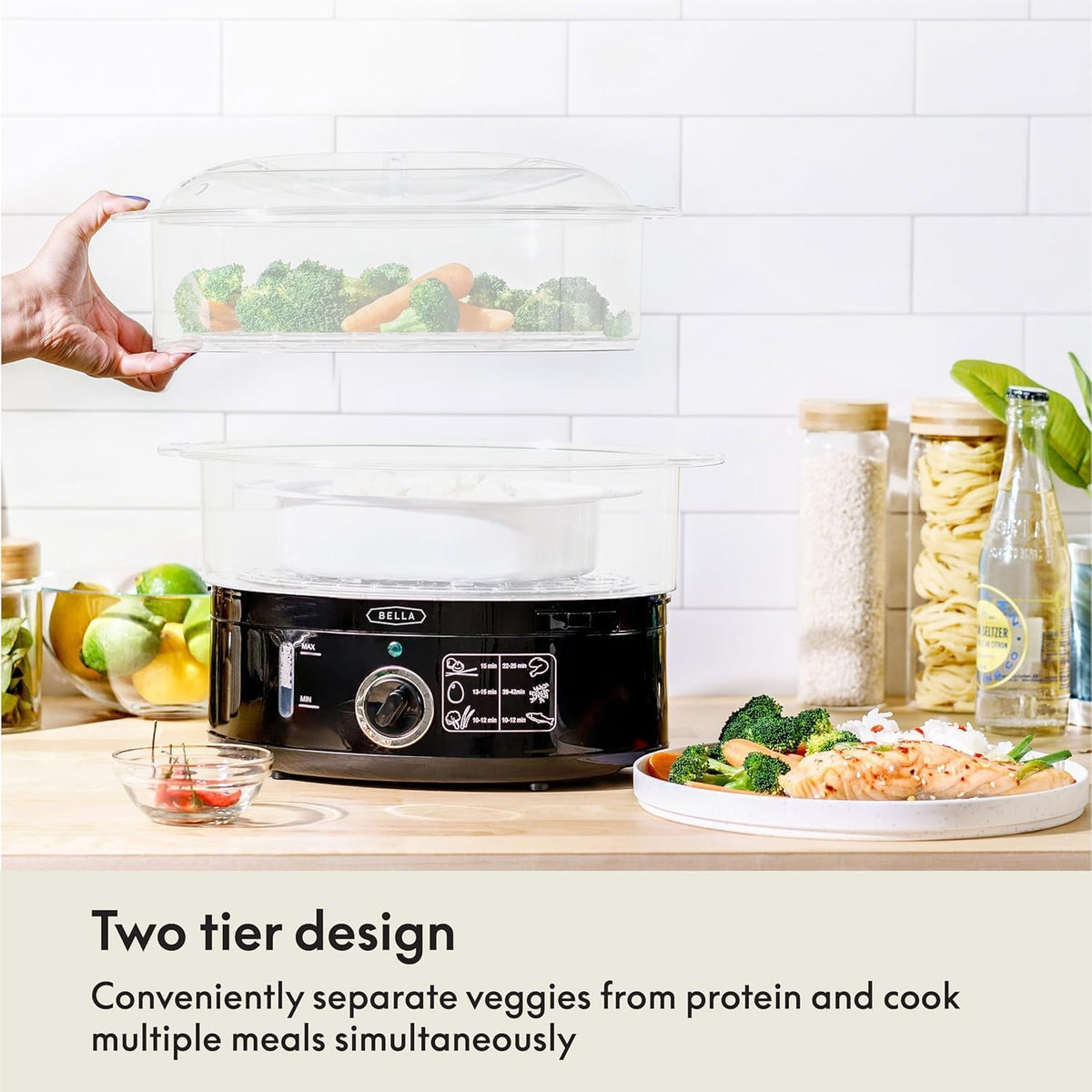bella Two Tier Food Steamer with Stackable Baskets, Black