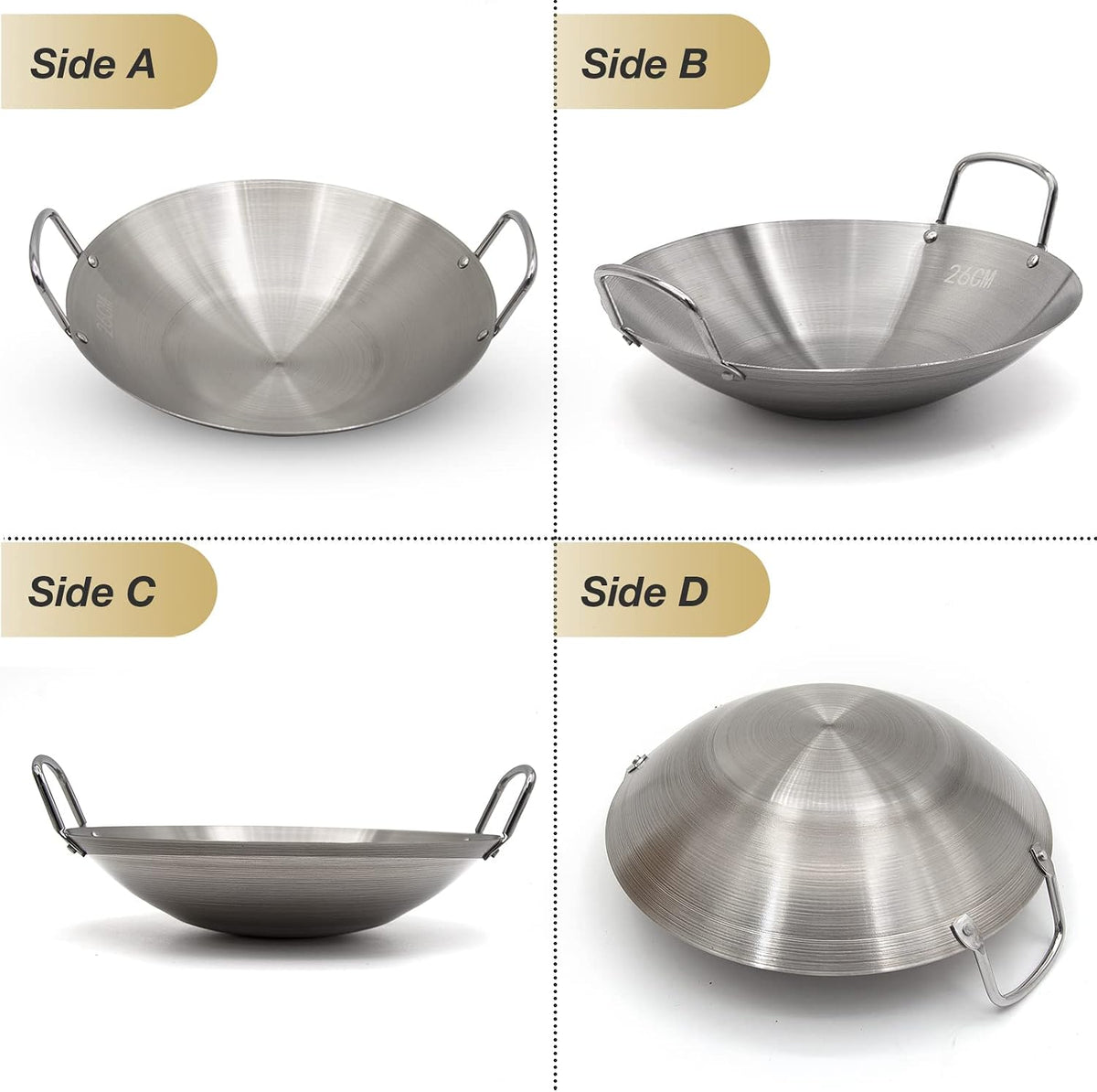 MDEOOSKY 26cm/10.23in Wok Thickened Stainless Steel Wok Pan Dual-Handled Frying Pan for Chinese Style Stir-Fry, Restaurant, Stove Top