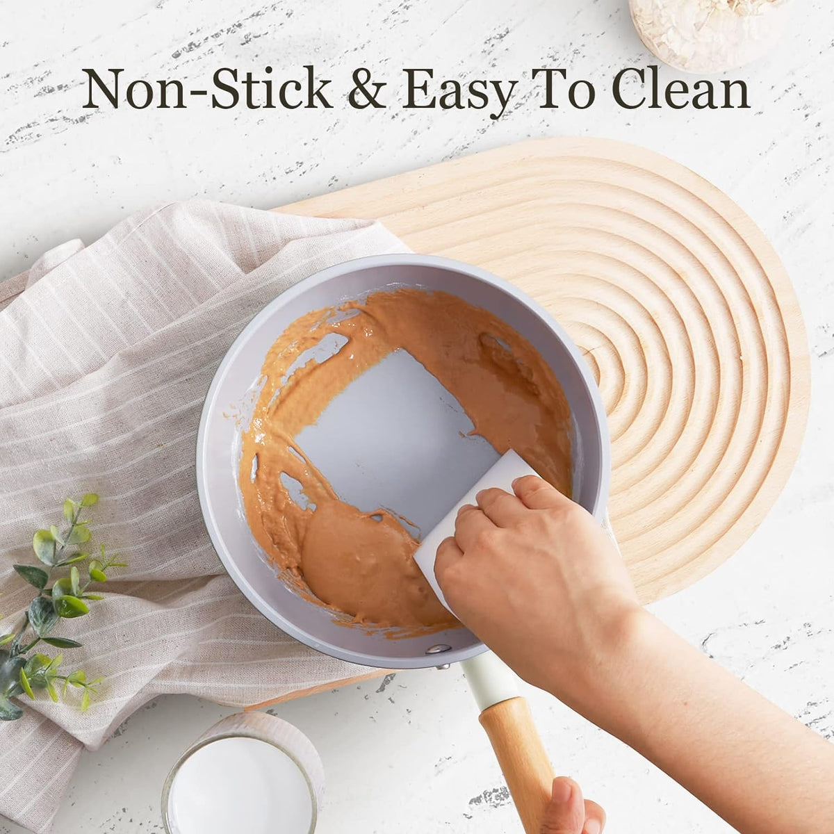 ROCKURWOK Non Stick Sauce Pan with Steamer, 2.5QT Small Pot, Beige White