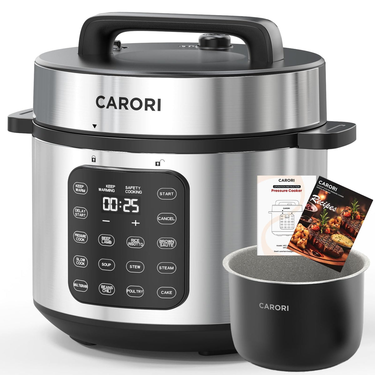 CARORI 3 Qt Electric Pressure Cooker, 8-in-1 Compact Multi-Cooker with Ceramic Nonstick Pot, 700W, Sauté, Slow Cook, Rice, Stew, Delay Start, Keep Warm, Gray