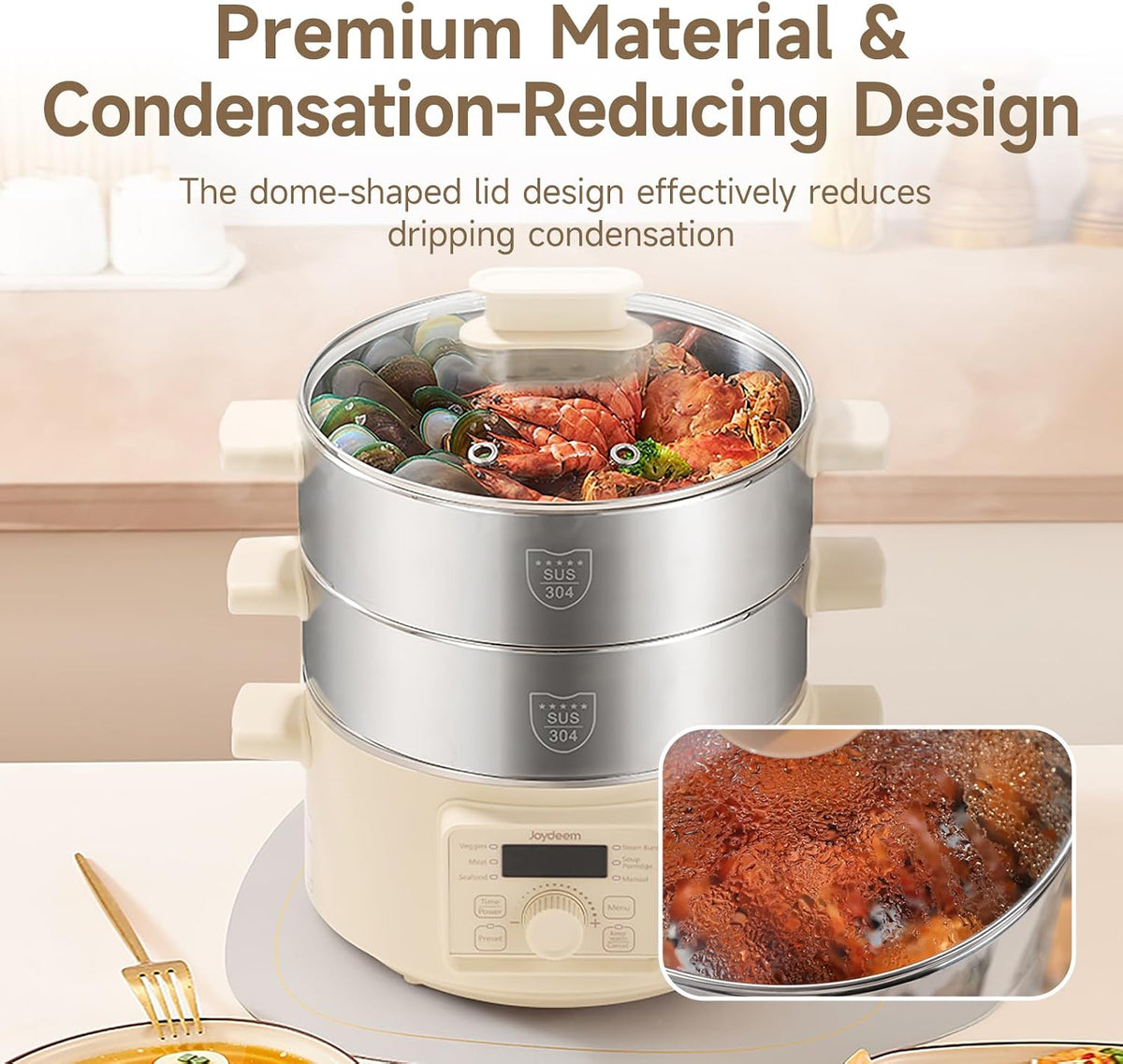 Joydeem Electric Food Steamer for Cooking, 2-Tier Stainless Steel Vegetable & Food Steamers, 13L/13.7 qt Large Capacity, DZG-A100