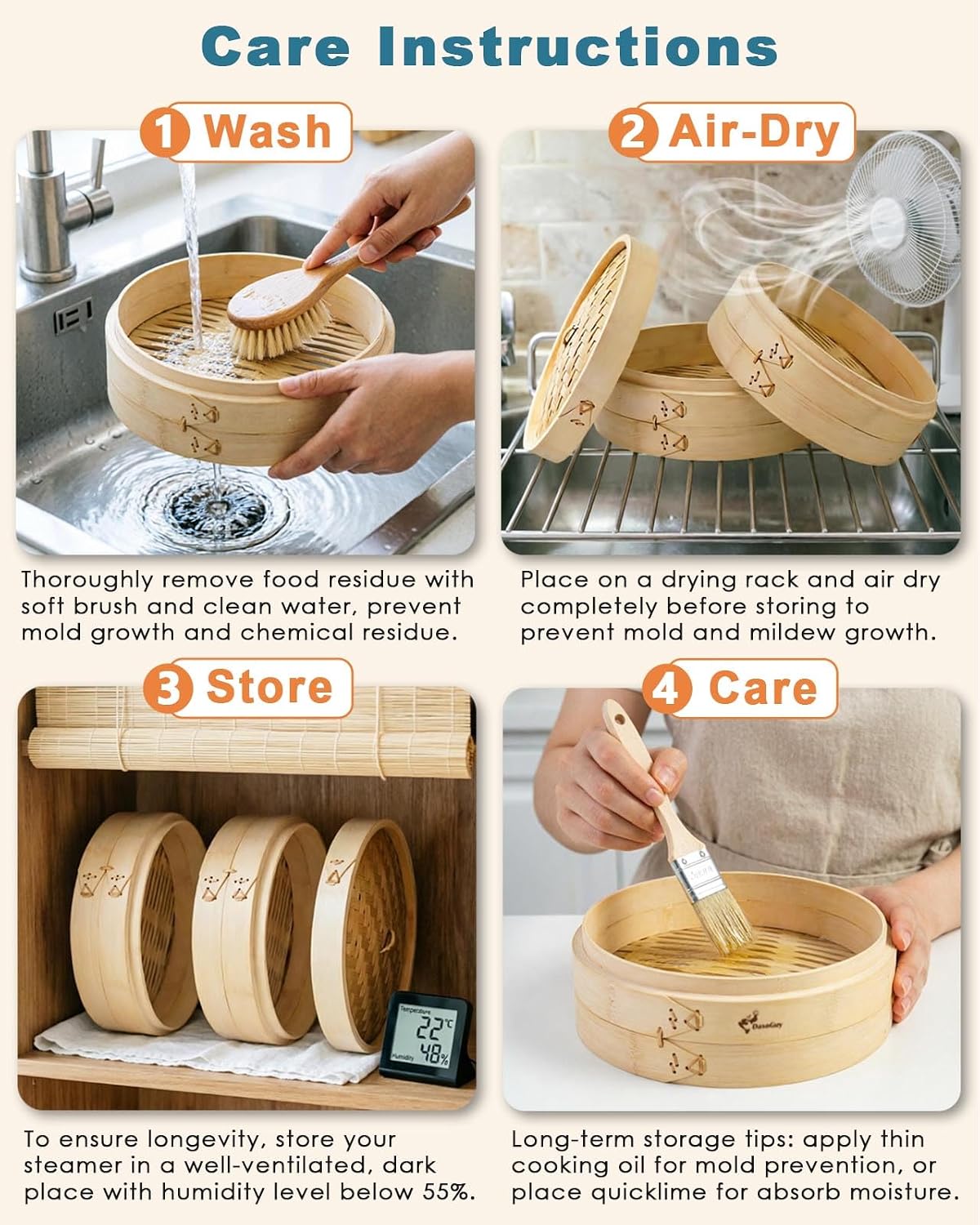 Deep Bamboo Steamer Basket Set 10 Inch 2-Tier Dumpling Steamer for Cooking