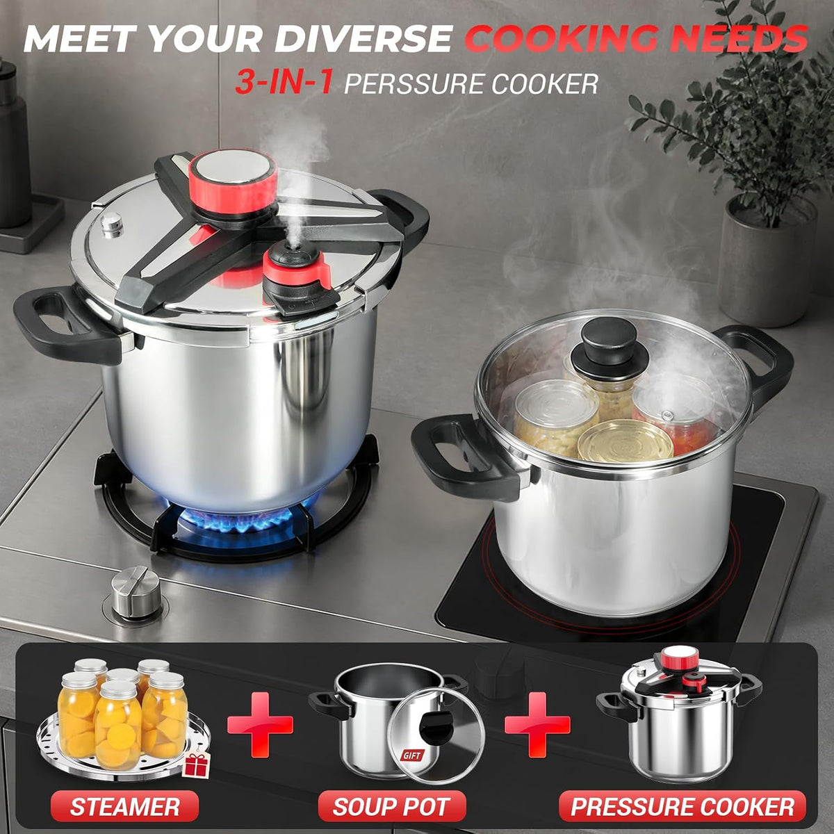 [3-IN-1] 18/8 Stainless Steel Pressure Cooker 8 Quart [Save 70% of time ]