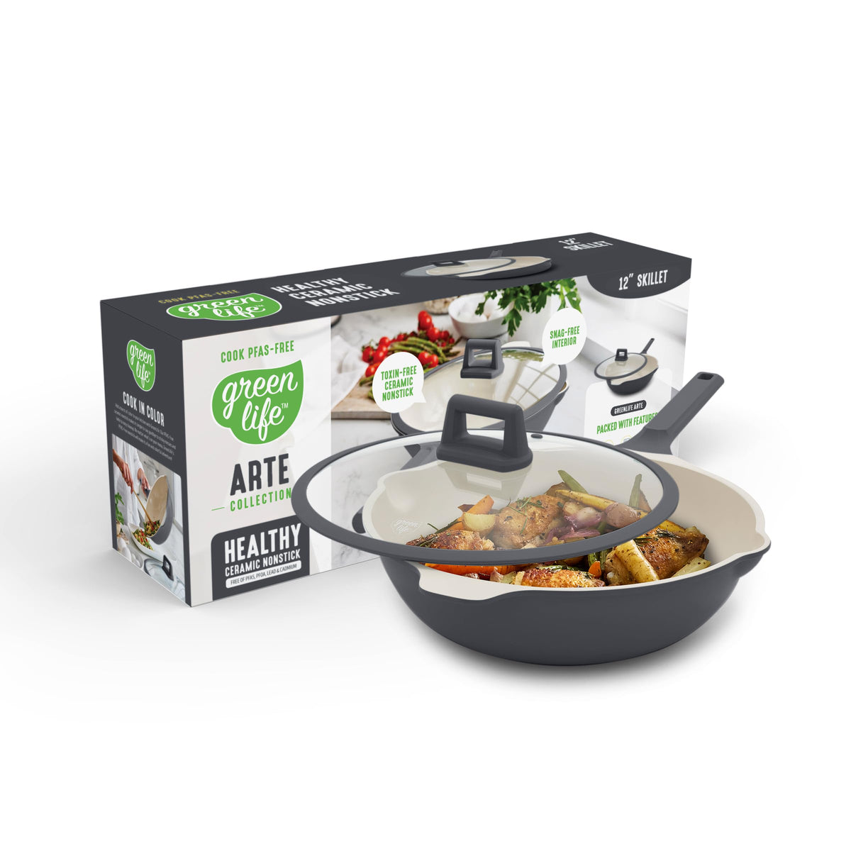 GreenLife Nonstick 12” (5QT) All in One Deep Skillet Wok with Lid, PFAS-Free Non-Toxic Ceramic Multi-Purpose Pan, Induction, All Stovetop, Egg, Stir Fry, Saute, Stay Cool Handle, Sage Green