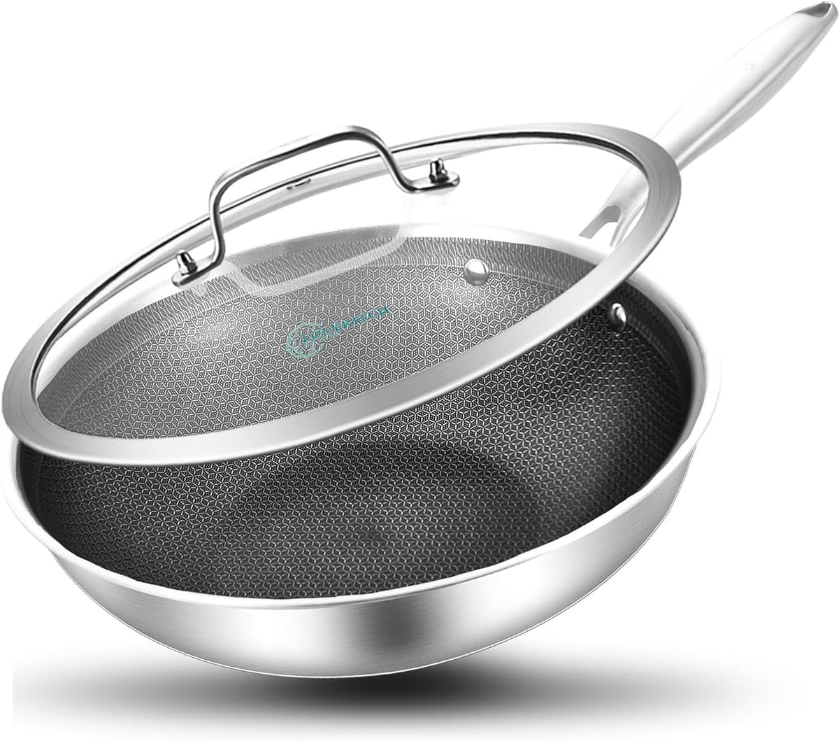 LOLYKITCH Hybird Nonstick Wok Pan with Lid | 12-Inch | Rivented Handle