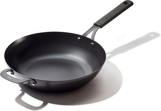 OXO Obsidian Pre-Seasoned Carbon Steel, 12" Wok Pan with Removable Silicone Handle Holder, Induction, Oven Safe, Black
