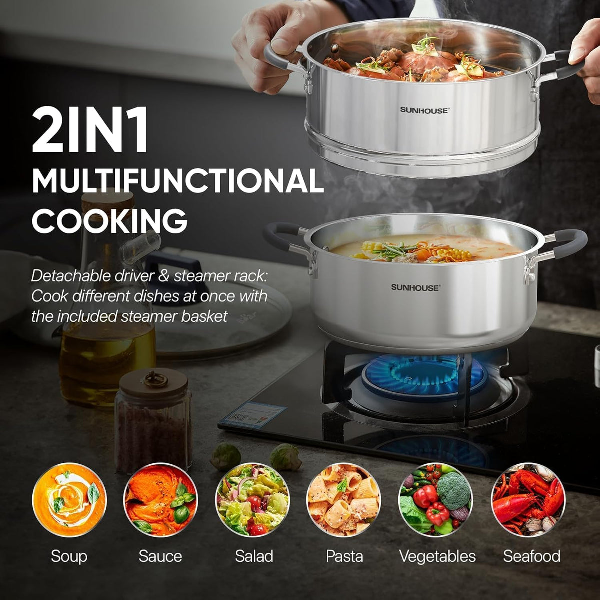 SUNHOUSE 4.6 QT Stainless Steel Steamer Pot for Cooking with Glass Lid