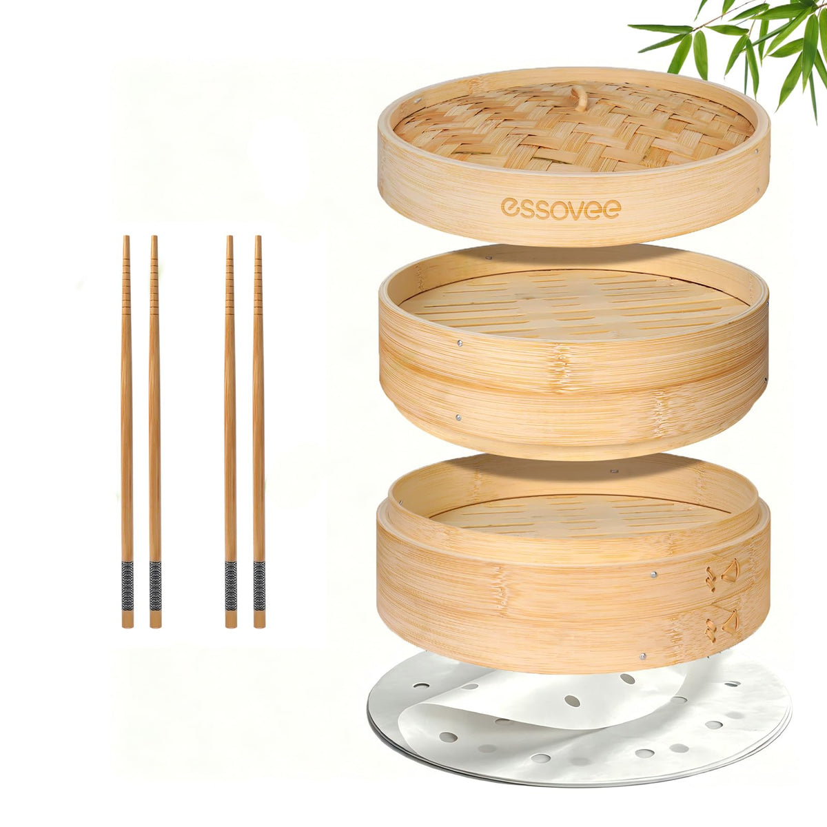 Bamboo Steamer 2 Tier 10-Inch Steaming Basket, Bun Vegetable Steam, Dumpling Steamer Bamboo Steam Basket, Chopsticks, Reusable Silicone Liner, Ring Adapter, for Chinese Asian Cuisine