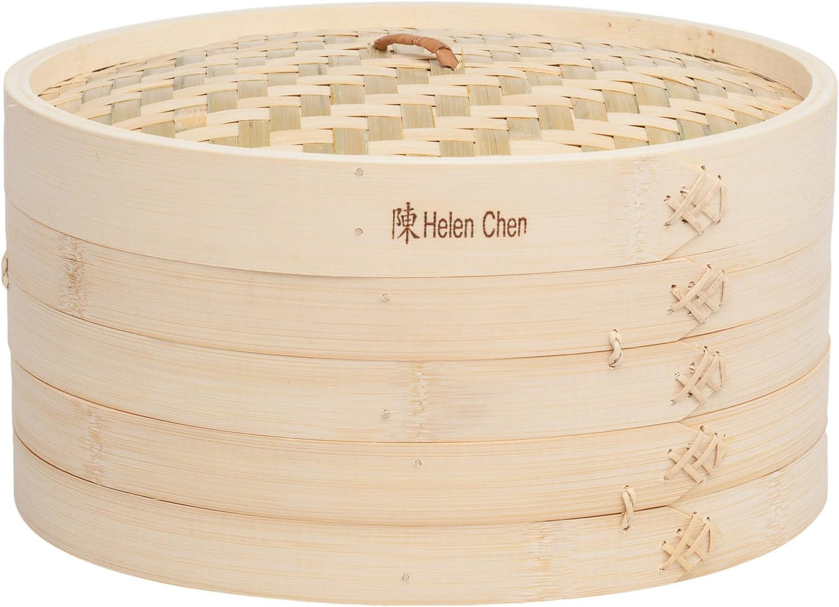 Helen's Asian Kitchen Bamboo Food Steamer with Lid - 100% Natural Bamboo - Basket Steamers for Cooking Dumplings, Dim Sum, Veggies, Fish, Meat - Preserve Nutrients & Flavors - 10-Inch