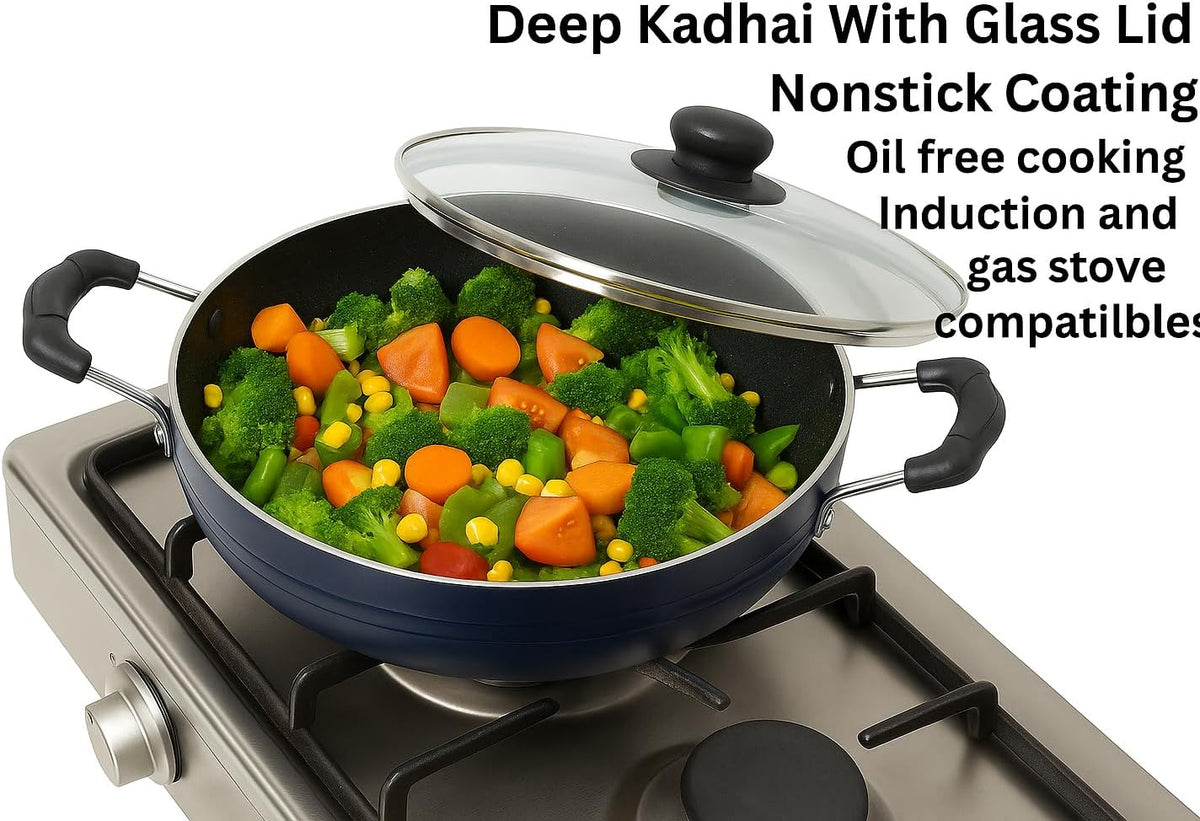 Deep Kadhai Induction Base Non-Stick Kadai with Glass Lid Frying Wok Flat Bottom Non Stick All Purpose Pan Aluminum Kadhai Deep Fry Pan 2.2 litre