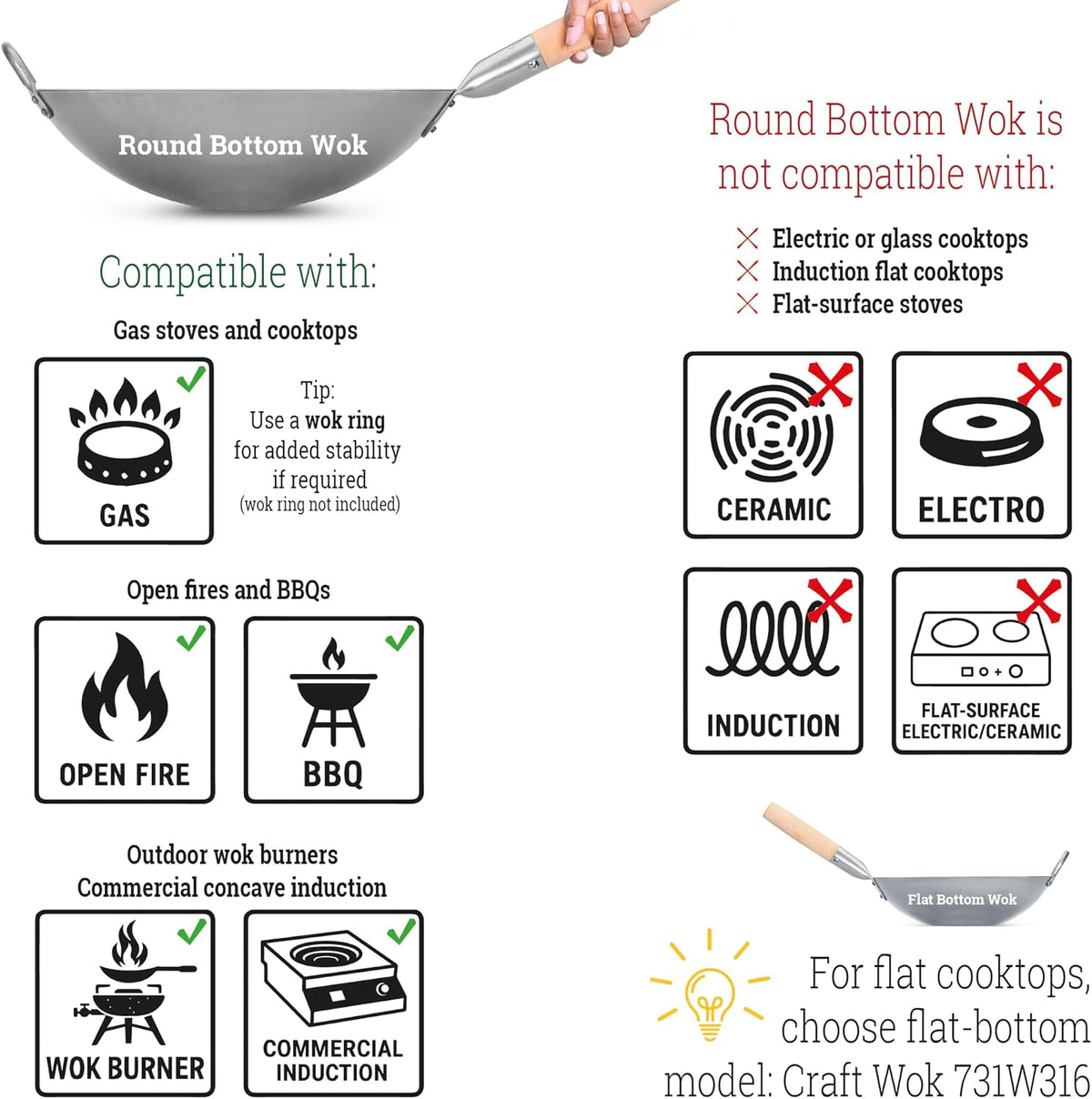 Craft Wok Traditional Hand Hammered Chinese Carbon Steel Wok with Wooden and Steel Helper Handle (14 Inch, Round Bottom Pow Wok Pan) / 731W88