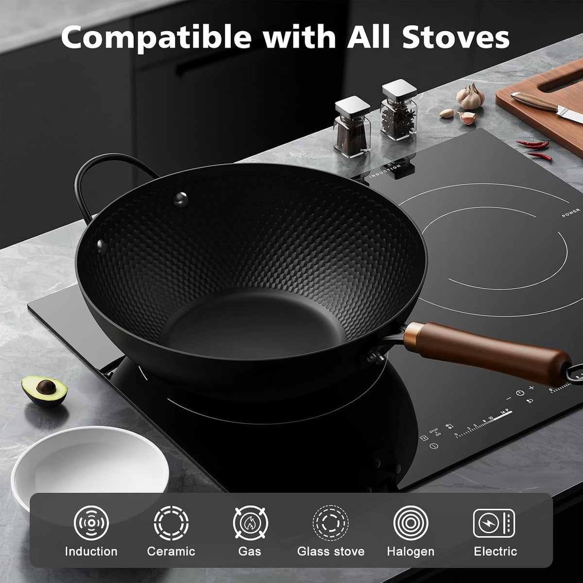 Todlabe Wok with Lid, 13 Inch Carbon Steel Woks & Stir-fry Pans Nonstick