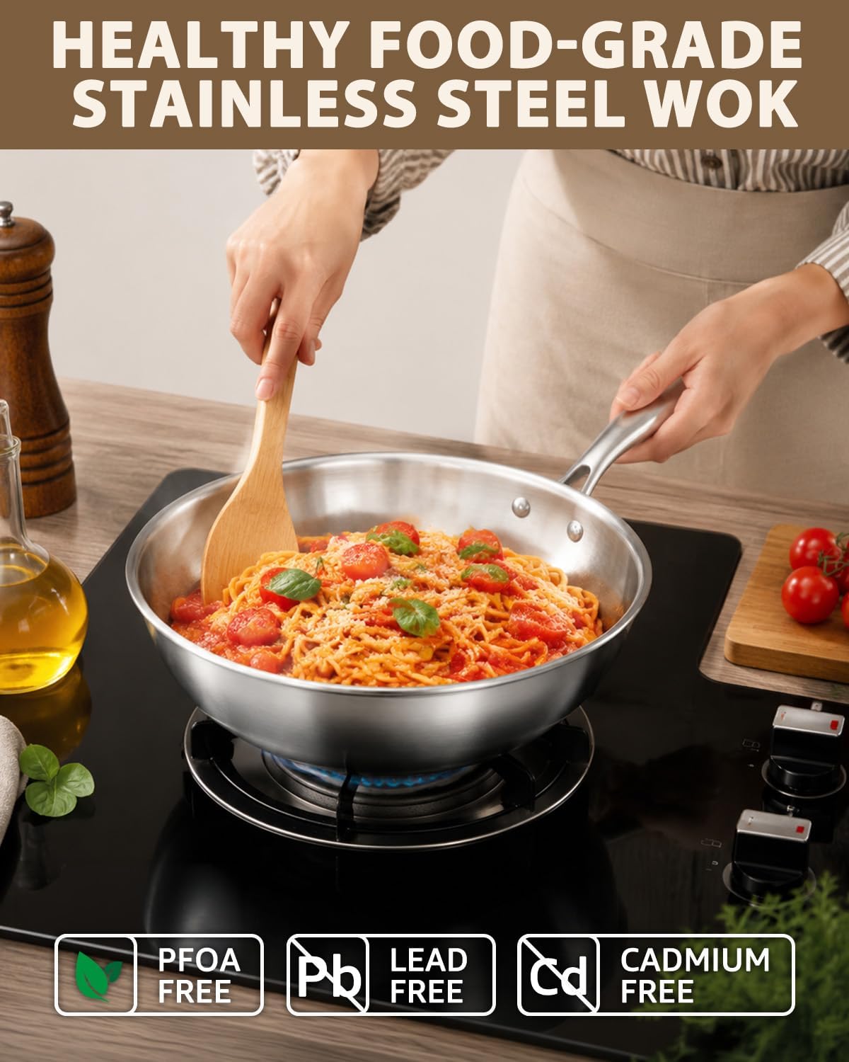 LOLYKITCH 11-Inch Tri-Ply Stainless Steel Wok Pan with Lid | Riveted Handle