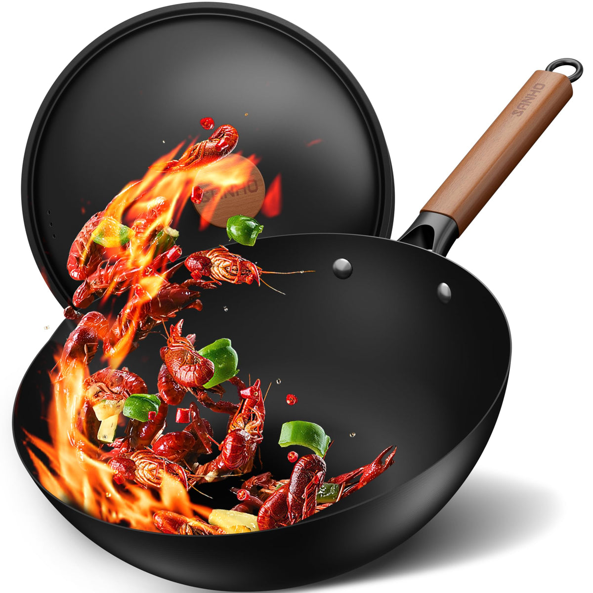 Sanho 12 Inch Carbon Steel Wok Pan, 4QT Woks & Stir-Fry Pans Nonstick with Lid, No Seasoning Required & 0 Coating, Compatible with All Cooktops & Utensils for Stir Fry, Pan-Fry, Steam, Camping