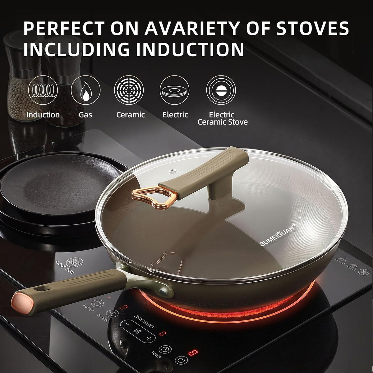 13" Titanium Hybrid Woks with Lid & Stir-fry Pans Nonstick, Induction