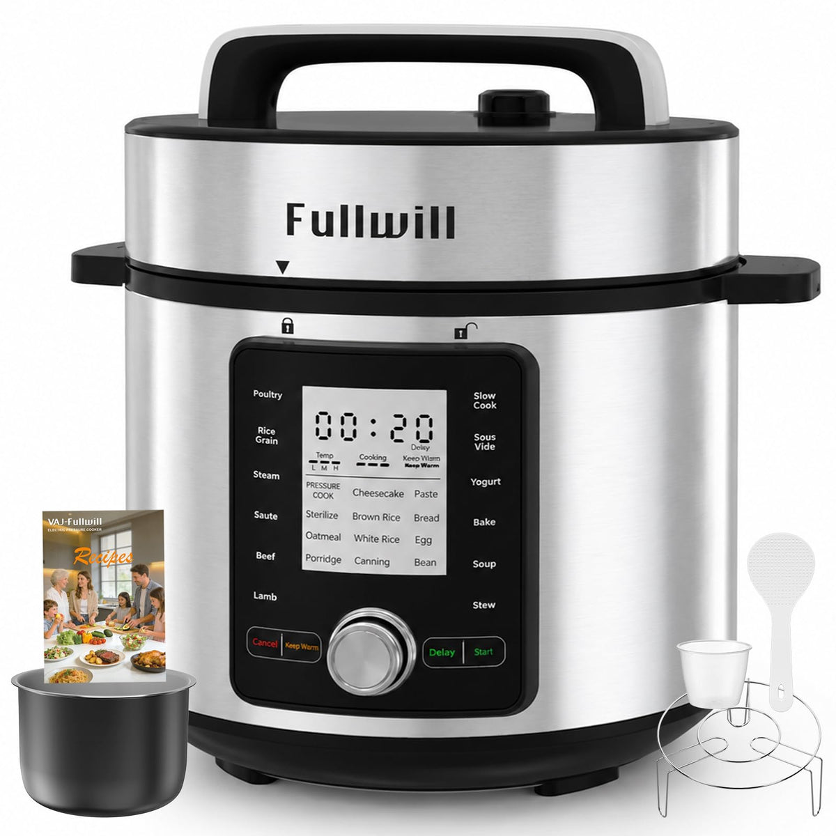 Fullwill Electric Pressure Cooker 6QT Dual Pots, 12 in 1 MultiFunction Cooker with 304 Stainless Steel & Ceramic Pots, Pressure Cook, Soup, Porridge, Yogurt, Meat Stew, Rice, Poultry, Beans and More