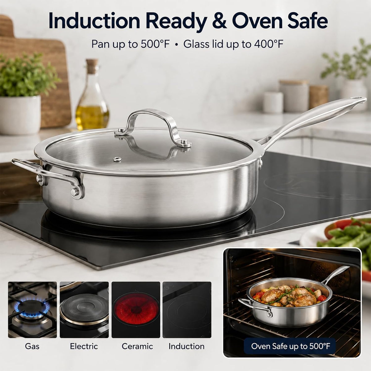 WANGYUANJI 11 Inch Tri-Ply Stainless Steel Saute Pan with Glass Lid, 4.7 QT Deep Skillet for 3–4 Servings, 18/10 304 Interior, Induction Compatible, Oven & Dishwasher Safe