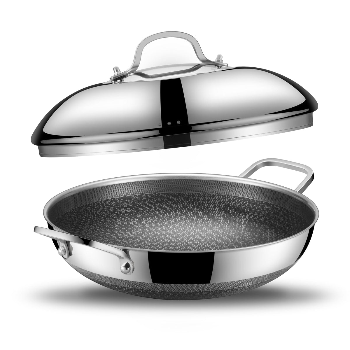 SNOWCLAD Wok, 13 Inch Hybrid Woks & Stir-fry Pans Nonstick, Non Toxic Stainless Steel Wok Pan with Lid, Dishwasher Induction Oven Broiler Safe, PFOA Free Cookware Non Stick