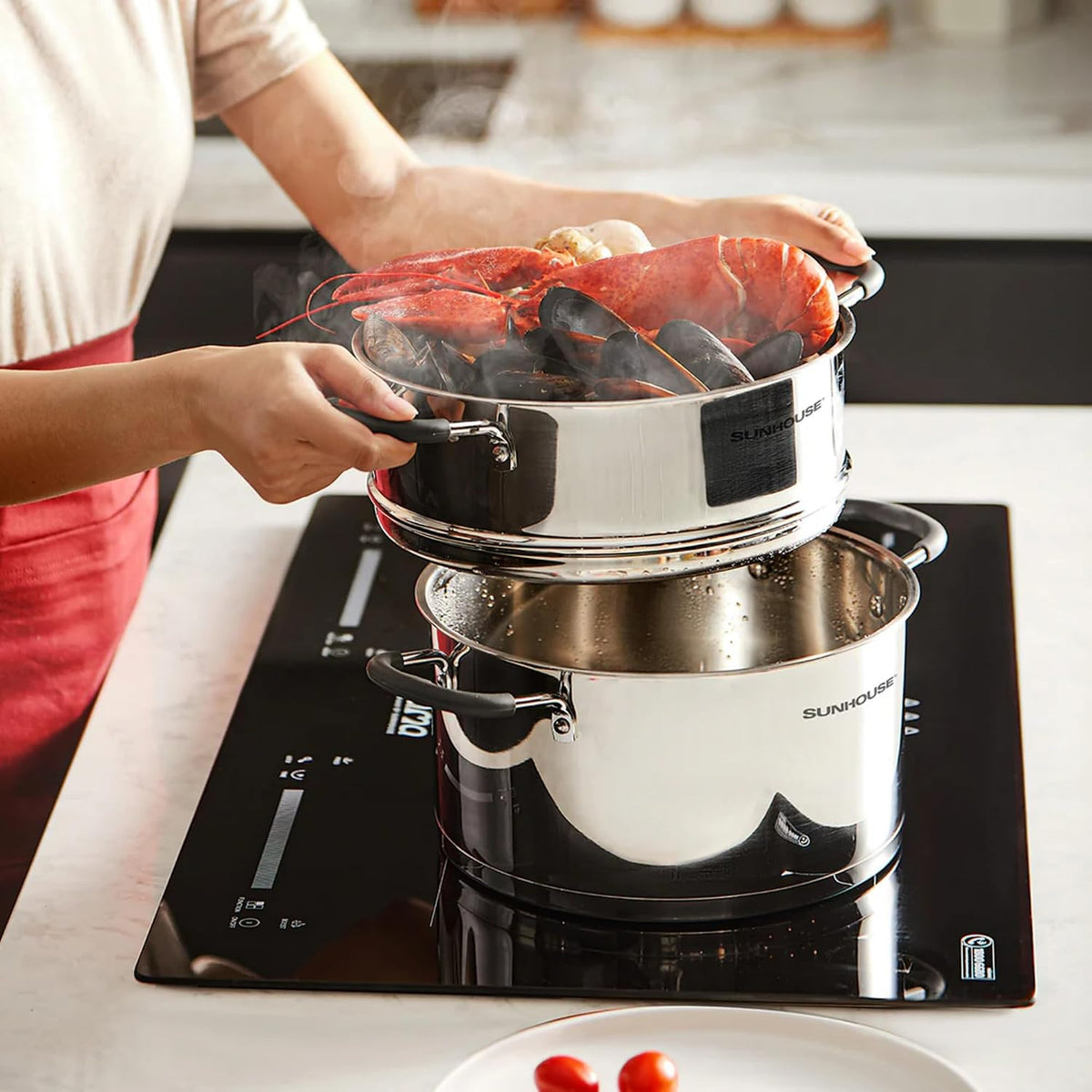 SUNHOUSE 6.3 QT Stainless Steel Steamer Pot for Cooking with Glass Lid