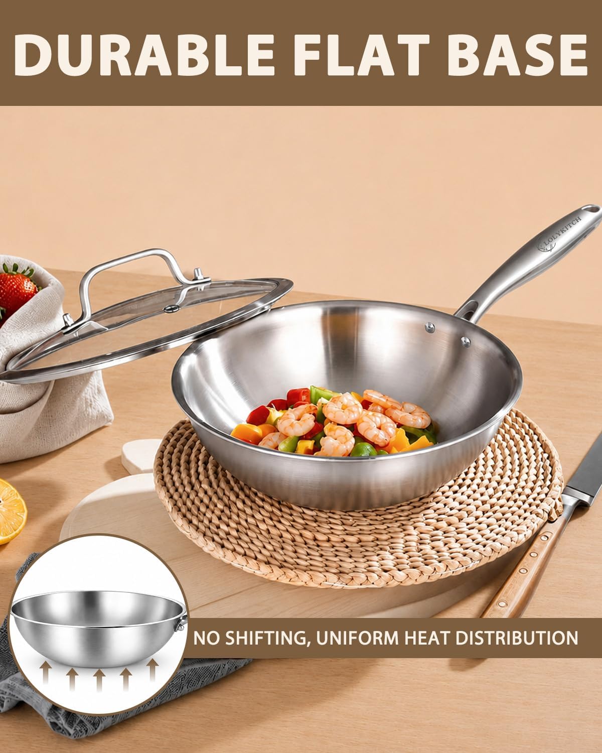LOLYKITCH 11-Inch Tri-Ply Stainless Steel Wok Pan with Lid | Riveted Handle