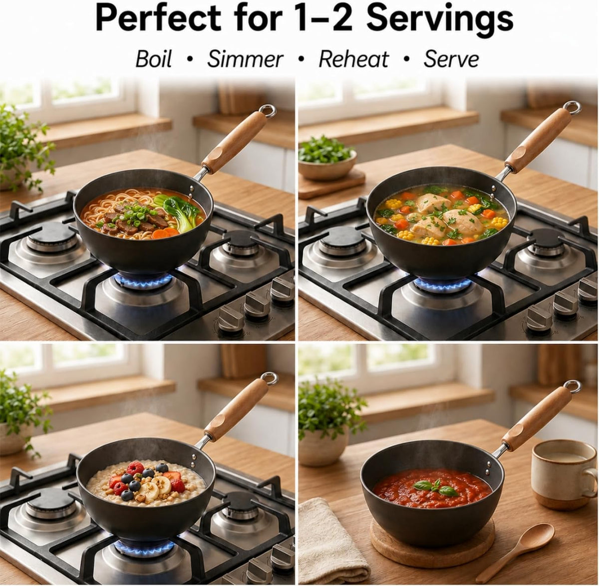 Small Carbon Steel Wok with Lid, 7-Inch 1.5QT Flat Bottom Pan