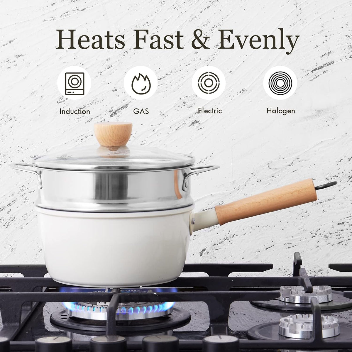 ROCKURWOK Non Stick Sauce Pan with Steamer, 2.5QT Small Pot, Beige White